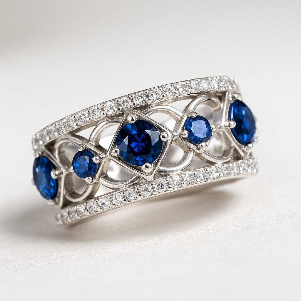 Natural Blue Sapphire Gemstone & Lab Grown Diamonds Silver Ring: Natural Blue Sapphire Gemstone & Lab Grown Diamonds Silver Ring Jewelry Type : Ring Gemstone : Natural Blue Sapphire Gemstone Shape : Round Gemstone Size : 4 MM, 2.5 MM Gemstone Quantity : 3 Pieces