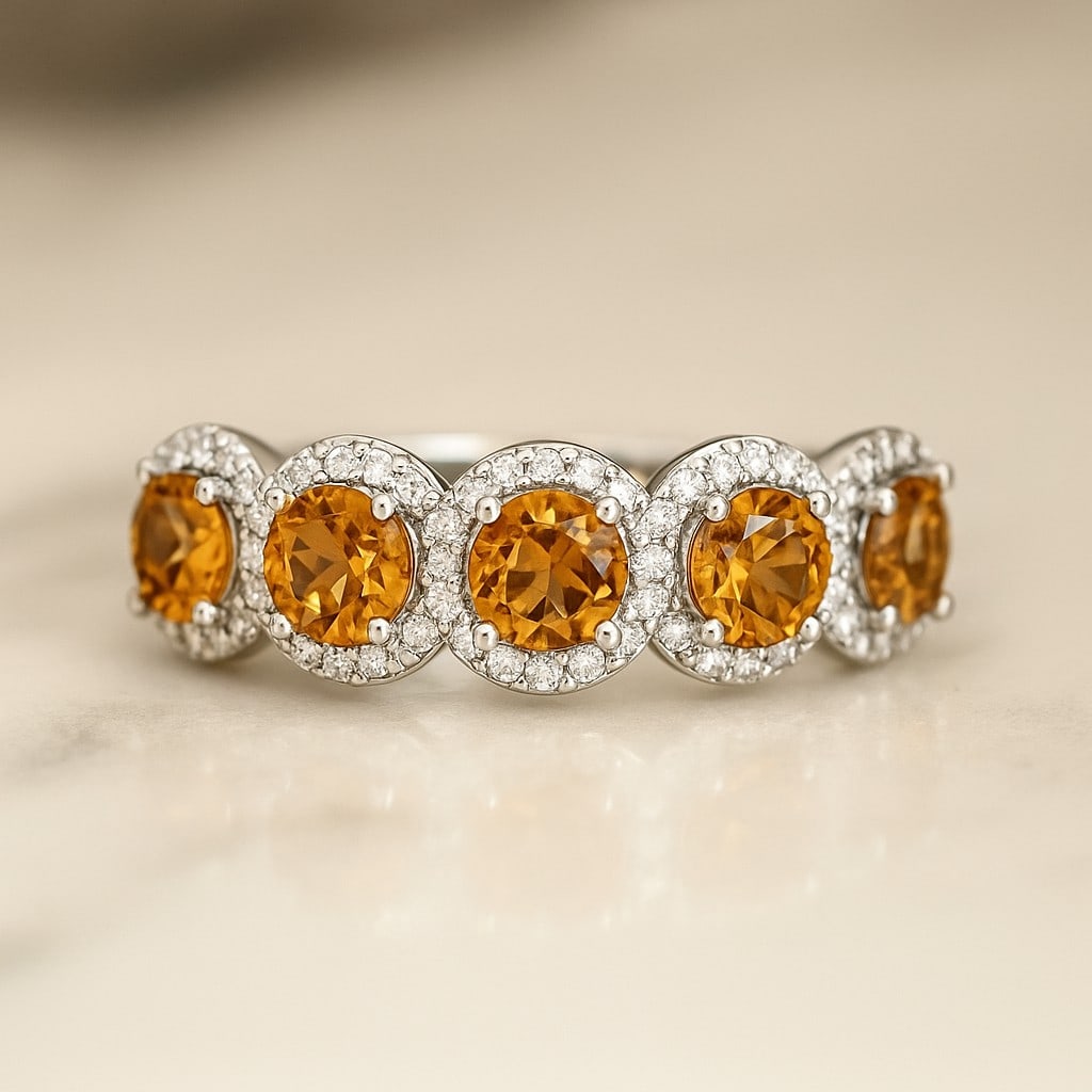 Natural Citrine Gemstone & Lab Grown Diamonds Silver Ring: Natural Citrine Gemstone & Lab Grown Diamonds Silver Ring Jewelry Type : Ring Gemstone : Natural Citrine Gemstone Shape : Round Gemstone Size : 4 MM Gemstone Quantity : 5 Pieces Diamond Type