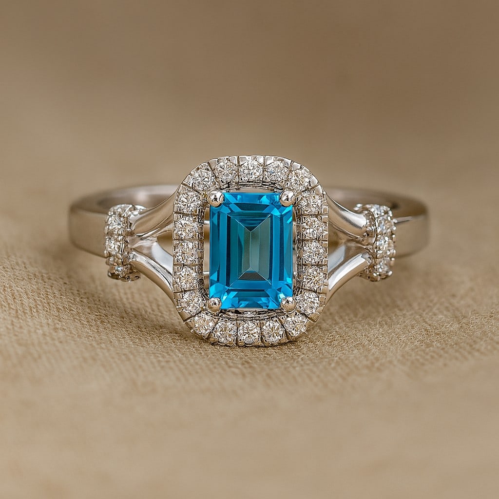 Natural Swiss Blue Topaz Gemstone & Lab Grown Diamonds Silver Ring: Natural Swiss Blue Topaz Gemstone & Lab Grown Diamonds Silver Ring Jewelry Type : Ring Gemstone : Natural Swiss Blue Topaz Gemstone Shape : Emerald Gemstone Size : 6x4 MM Gemstone Quantity : 1 Piec