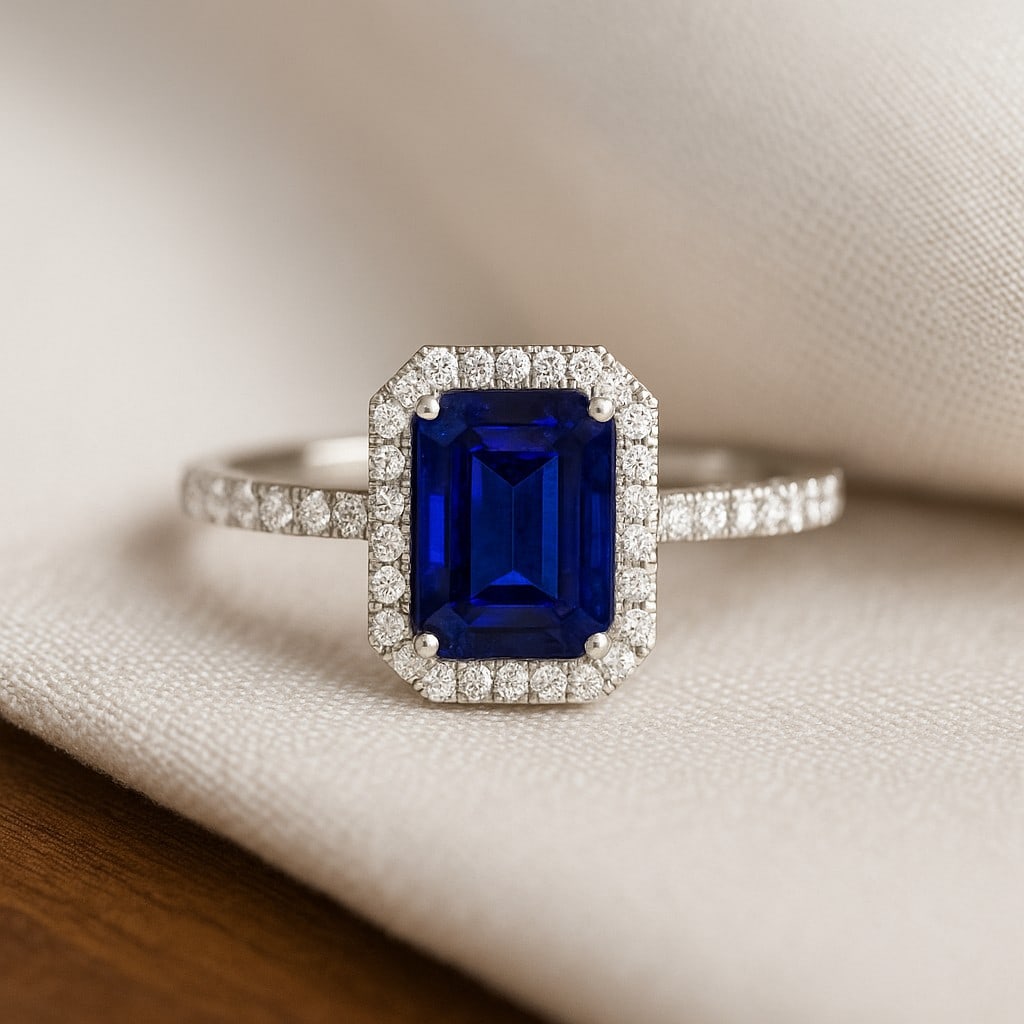 Natural Blue Sapphire Gemstone & Lab Grown Diamonds Silver Ring: Natural Blue Sapphire Gemstone & Lab Grown Diamonds Silver Ring Jewelry Type : Ring Gemstone : Natural Blue Sapphire Gemstone Shape : Emerald Gemstone Size : 8x6 MM Gemstone Quantity : 1 Piece<