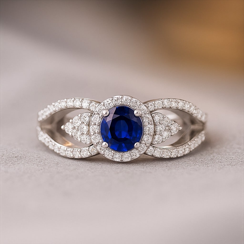 Natural Blue Sapphire Gemstone & Lab Grown Diamonds Silver Ring: Natural Blue Sapphire Gemstone & Lab Grown Diamonds Silver Ring Jewelry Type : Ring Gemstone : Natural Blue Sapphire Gemstone Shape : Round Gemstone Size : 5MM Gemstone Quantity : 1 Piece Di