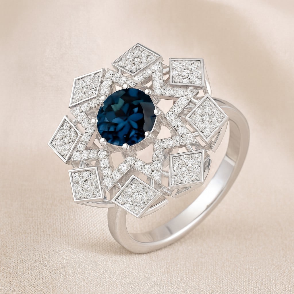 Natural London Blue Topaz Gemstone & Lab Grown Diamonds Silver Ring: Natural London Blue Topaz Gemstone & Lab Grown Diamonds Silver Ring Jewelry Type : Ring Gemstone : Natural London Blue Topaz Gemstone Shape : Round Gemstone Size : 7 MM Gemstone Quantity : 1 Piece<