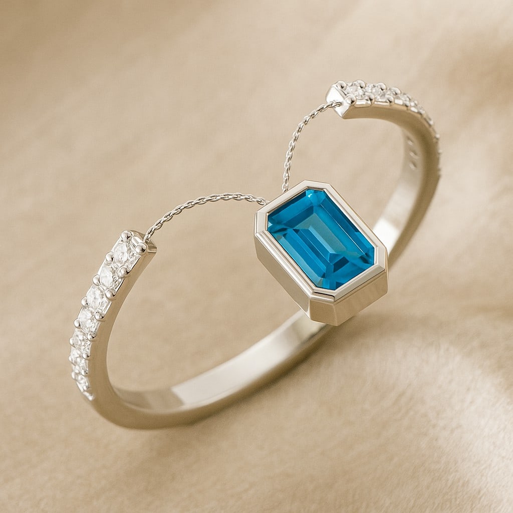 Natural Swiss Blue Topaz Gemstone & Lab Grown Diamonds Silver Ring: Natural Swiss Blue Topaz Gemstone & Lab Grown Diamonds Silver Ring Jewelry Type : Ring Gemstone : Natural Swiss Blue Topaz Gemstone Shape : Emerald Gemstone Size : 5x3 MM Gemstone Quantity : 1 Piec