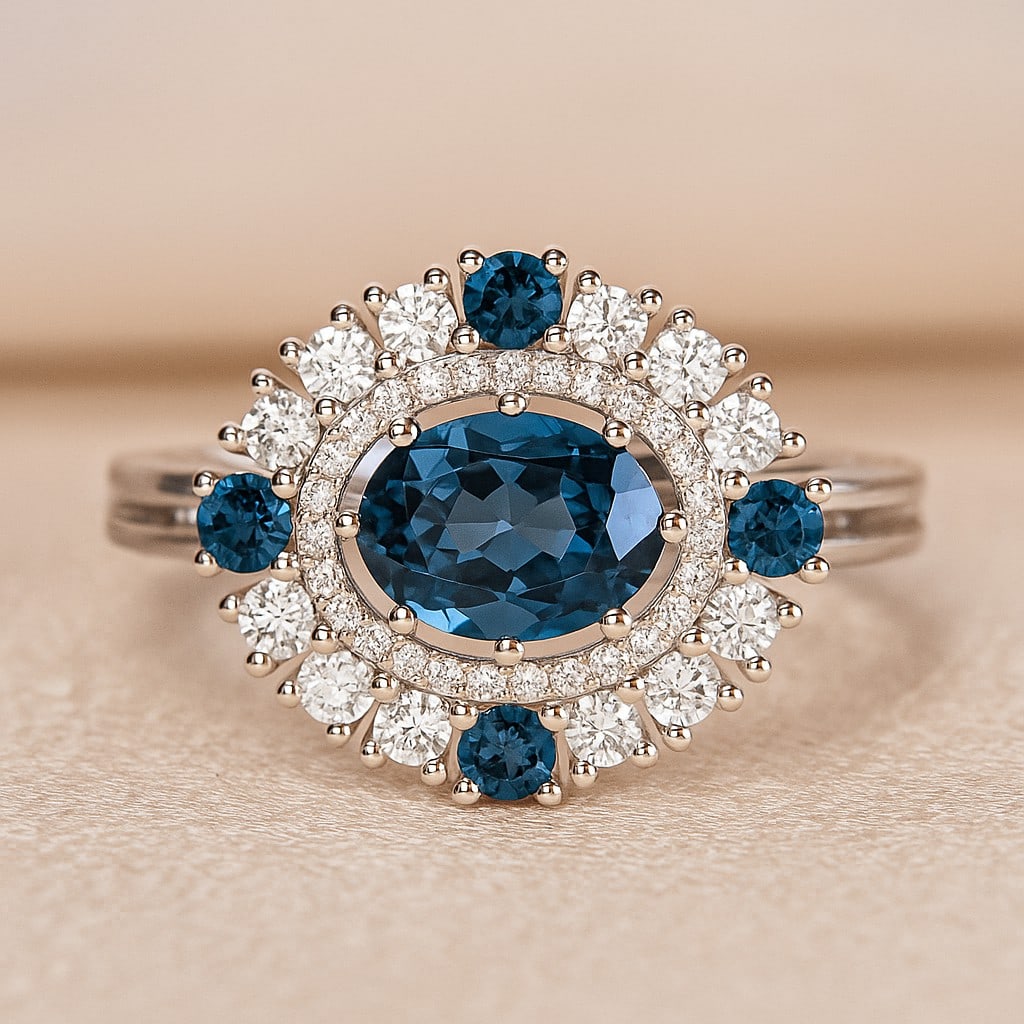 Natural London Blue Topaz Gemstone & Lab Grown Diamonds Silver Ring: Natural London Blue Topaz Gemstone & Lab Grown Diamonds Silver Ring Jewelry Type : Ring Gemstone : Natural London Blue Topaz Gemstone Shape : Oval, Round Gemstone Size : 8x6 MM, 2.5 MM Gemstone Quanti