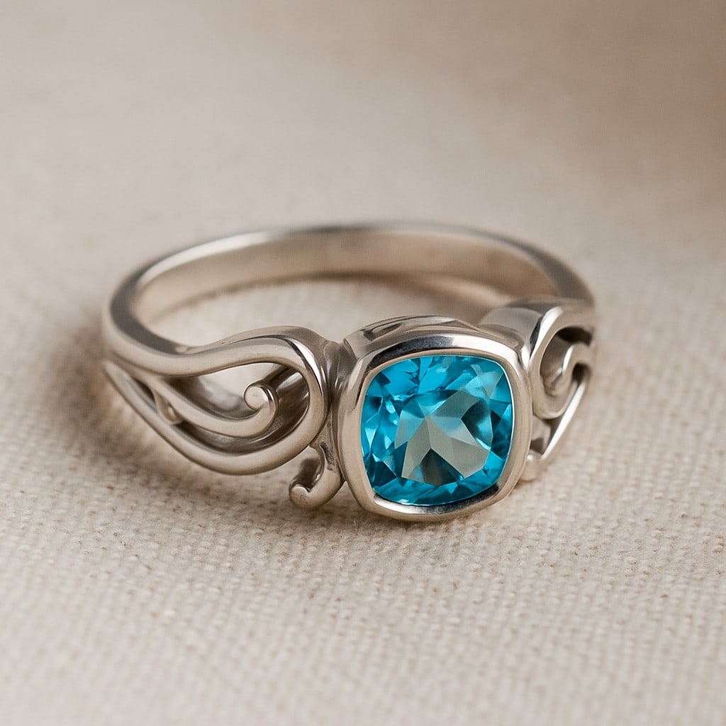 Natural Swiss Blue Topaz Gemstone 92.5 Sterling Silver Ring: Natural Swiss Blue Topaz Gemstone 92.5 Sterling Silver Ring Jewelry Type : Ring Gemstone : Natural Swiss Blue Topaz Gemstone Shape : Cushion Square Gemstone Size : 6 MM Gemstone Quantity : 1 Piece<