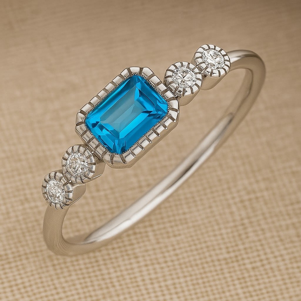 Natural Swiss Blue Topaz Gemstone & Lab Grown Diamonds Silver Ring: Natural Swiss Blue Topaz Gemstone & Lab Grown Diamonds Silver Ring Jewelry Type : Ring Gemstone : Natural Swiss Blue Topaz Gemstone Shape : Emerald Gemstone Size : 6x4 MM Gemstone Quantity : 1 Piec