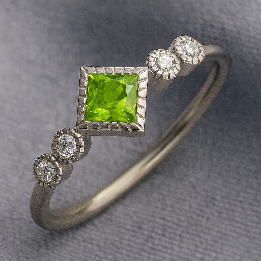 Natural Peridot Gemstone & Lab Grown Diamonds Silver Ring: Natural Peridot Gemstone & Lab Grown Diamonds Silver Ring Jewelry Type : Ring Gemstone : Natural Peridot Gemstone Shape : Princess Gemstone Size : 4 MM Gemstone Quantity : 1 Piece Diamond Ty