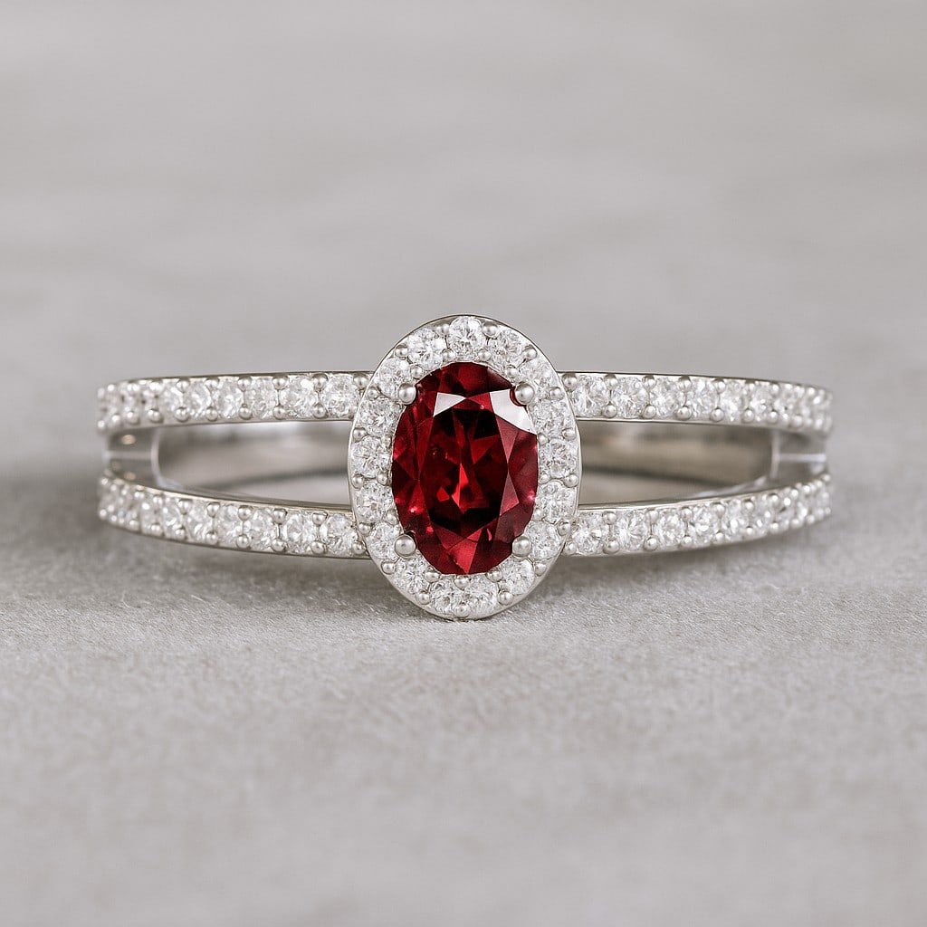 Natural Garnet Gemstone & Lab Grown Diamonds Silver Ring: Natural Garnet Gemstone & Lab Grown Diamonds Silver Ring Jewelry Type : Ring Gemstone : Natural Garnet Gemstone Shape : Oval Gemstone Size : 6x4 MM Gemstone Quantity : 1 Piece Diamond Type :