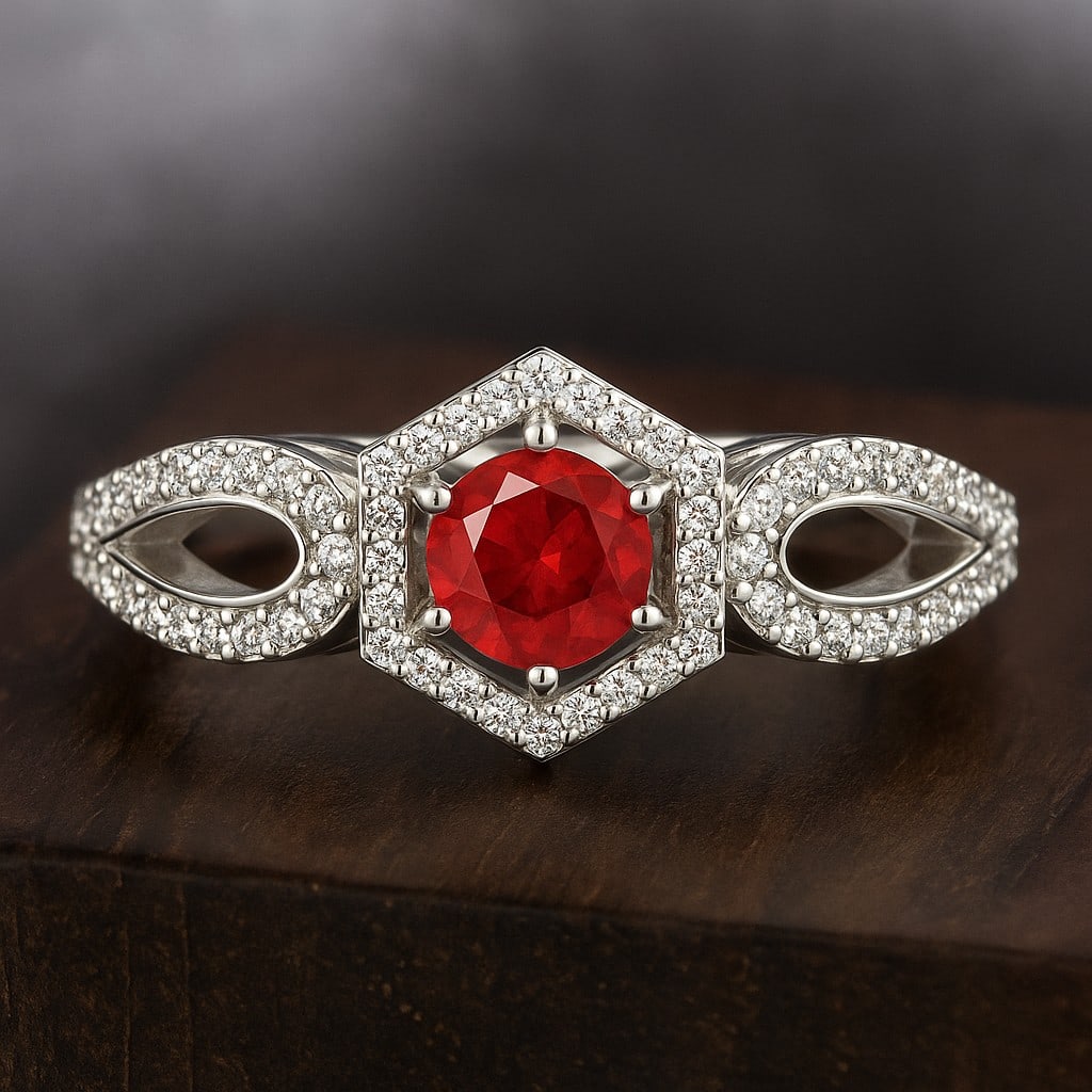 Natural Ruby Gemstone & Lab Grown Diamonds Silver Ring: Natural Ruby Gemstone & Lab Grown Diamonds Silver Ring Jewelry Type : Ring Gemstone : Natural Ruby Gemstone Shape : Round Gemstone Size : 5 MM Gemstone Quantity : 1 Piece Diamond Type : L