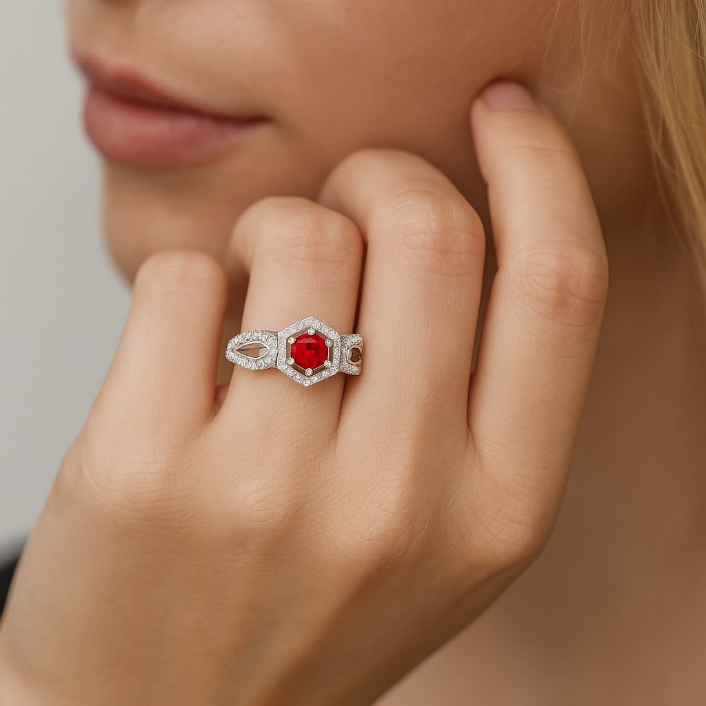 Natural Ruby Gemstone & Lab Grown Diamonds Silver Ring - 3