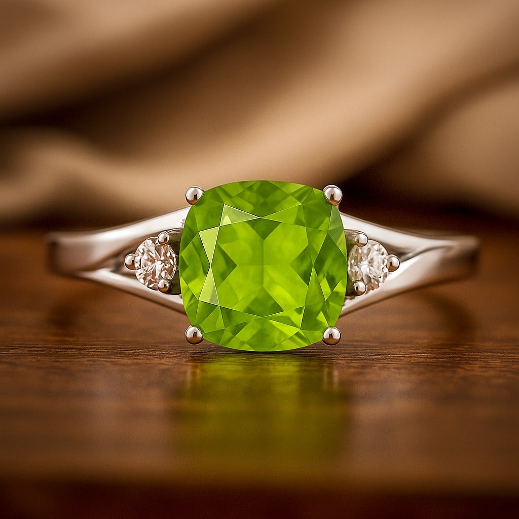 Natural Peridot Gemstone & Lab Grown Diamonds Silver Ring: Natural Peridot Gemstone & Lab Grown Diamonds Silver Ring Jewelry Type : Ring Gemstone : Natural Peridot Gemstone Shape : Cushion Square Gemstone Size : 8 MM Gemstone Quantity : 1 Piece Diam
