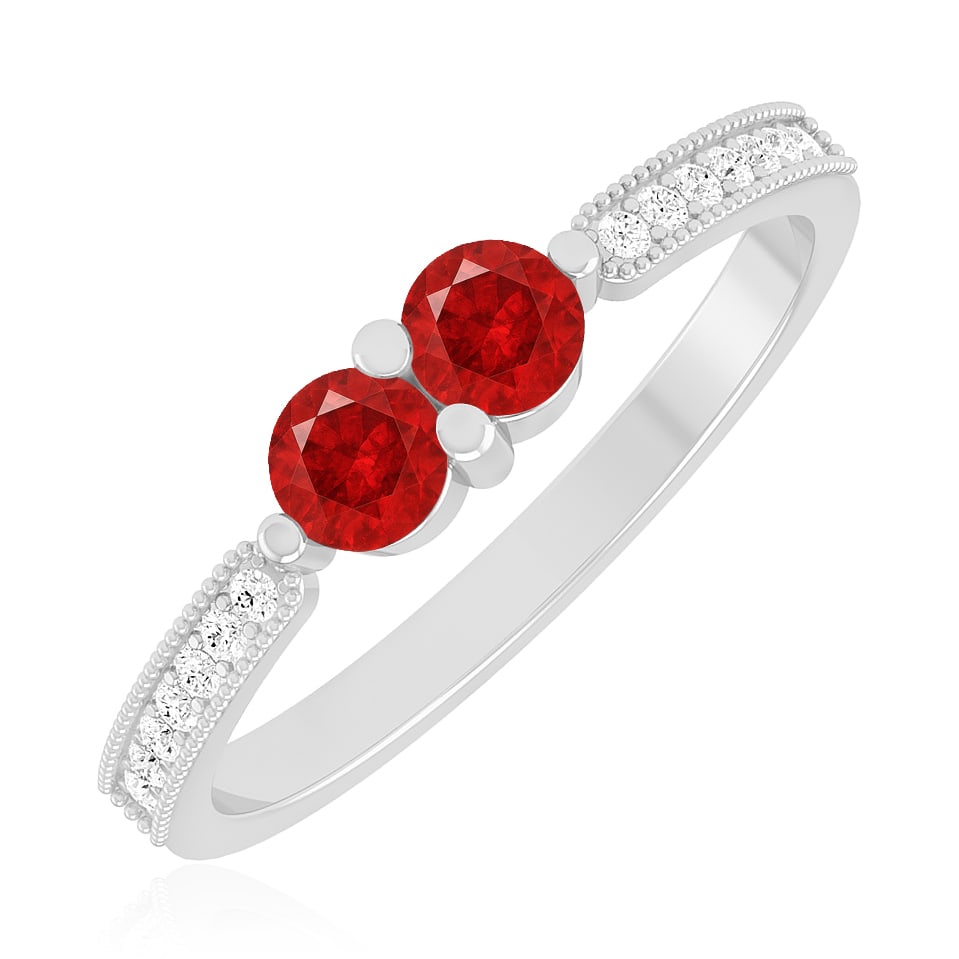 Natural Ruby Gemstone & Lab Grown Diamonds Silver Ring - 2