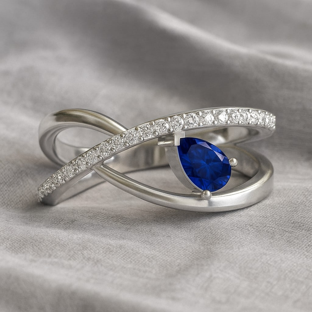 Natural Blue Sapphire Gemstone & Lab Grown Diamonds Silver Ring: Natural Blue Sapphire Gemstone & Lab Grown Diamonds Silver Ring Jewelry Type : Ring Gemstone : Natural Blue Sapphire Gemstone Shape : Pear Gemstone Size : 6x4 MM Gemstone Quantity : 1 Piece