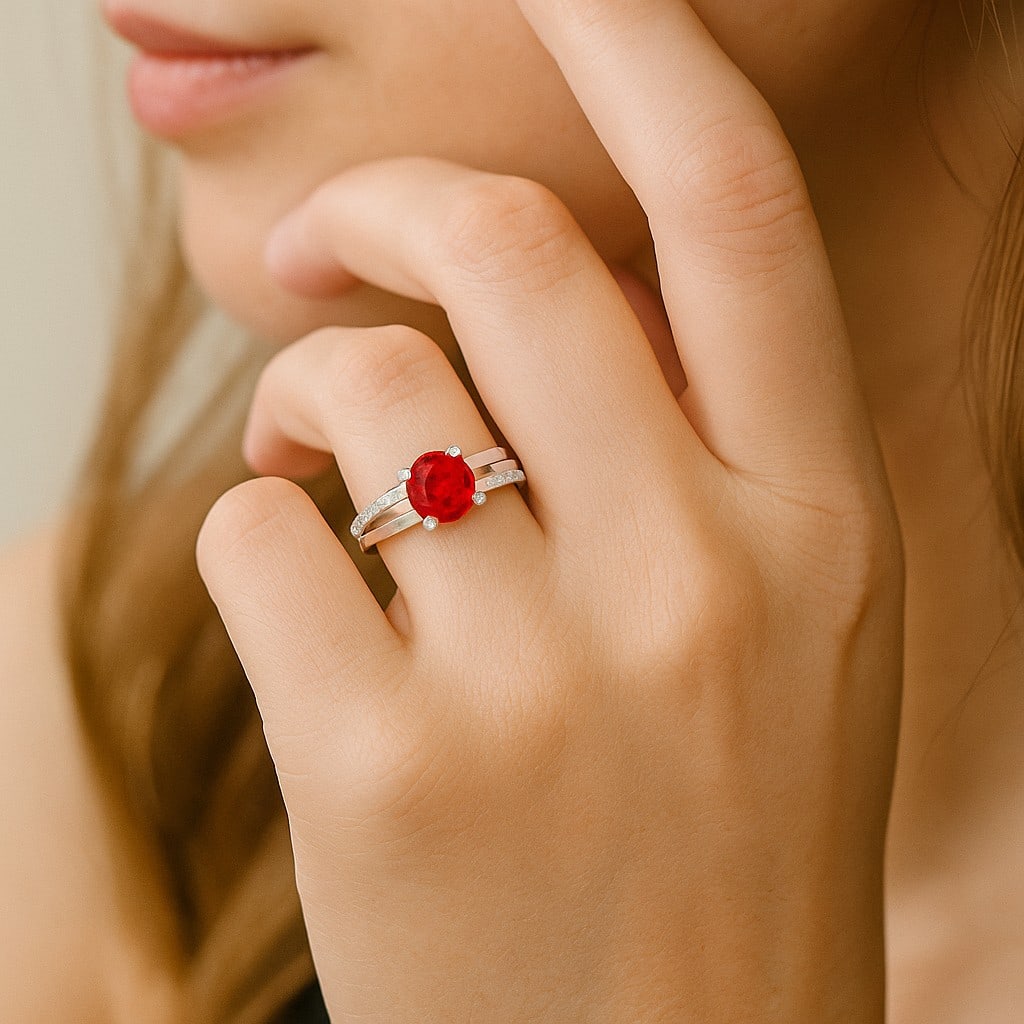 Natural Ruby Gemstone & Lab Grown Diamonds Silver Ring - 3
