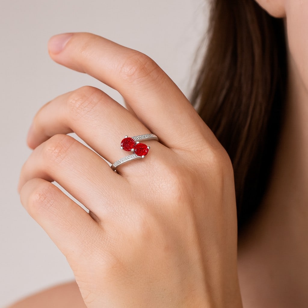 Natural Ruby Gemstone & Lab Grown Diamonds Silver Ring - 3