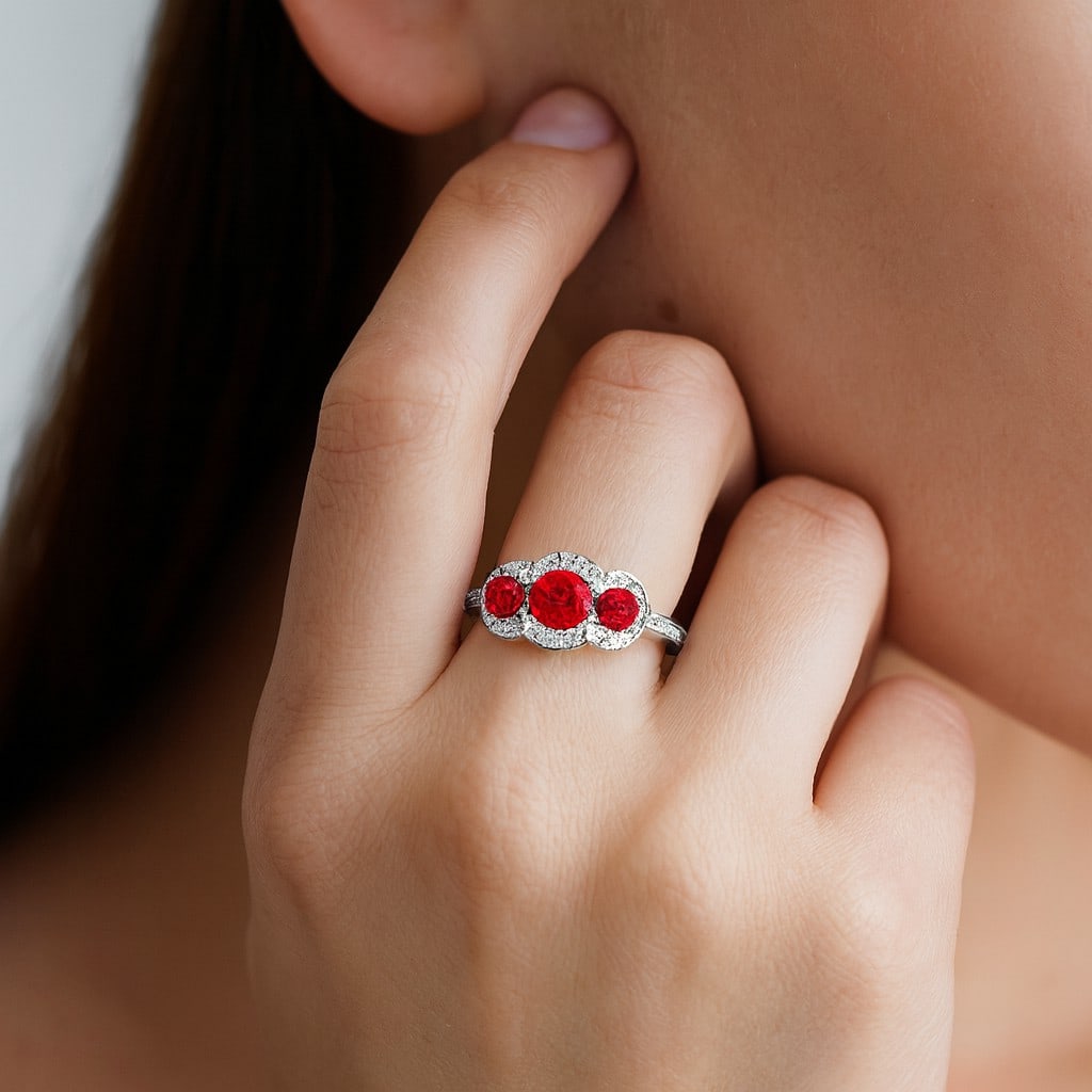 Natural Ruby Gemstone & Lab Grown Diamonds Silver Ring - 3