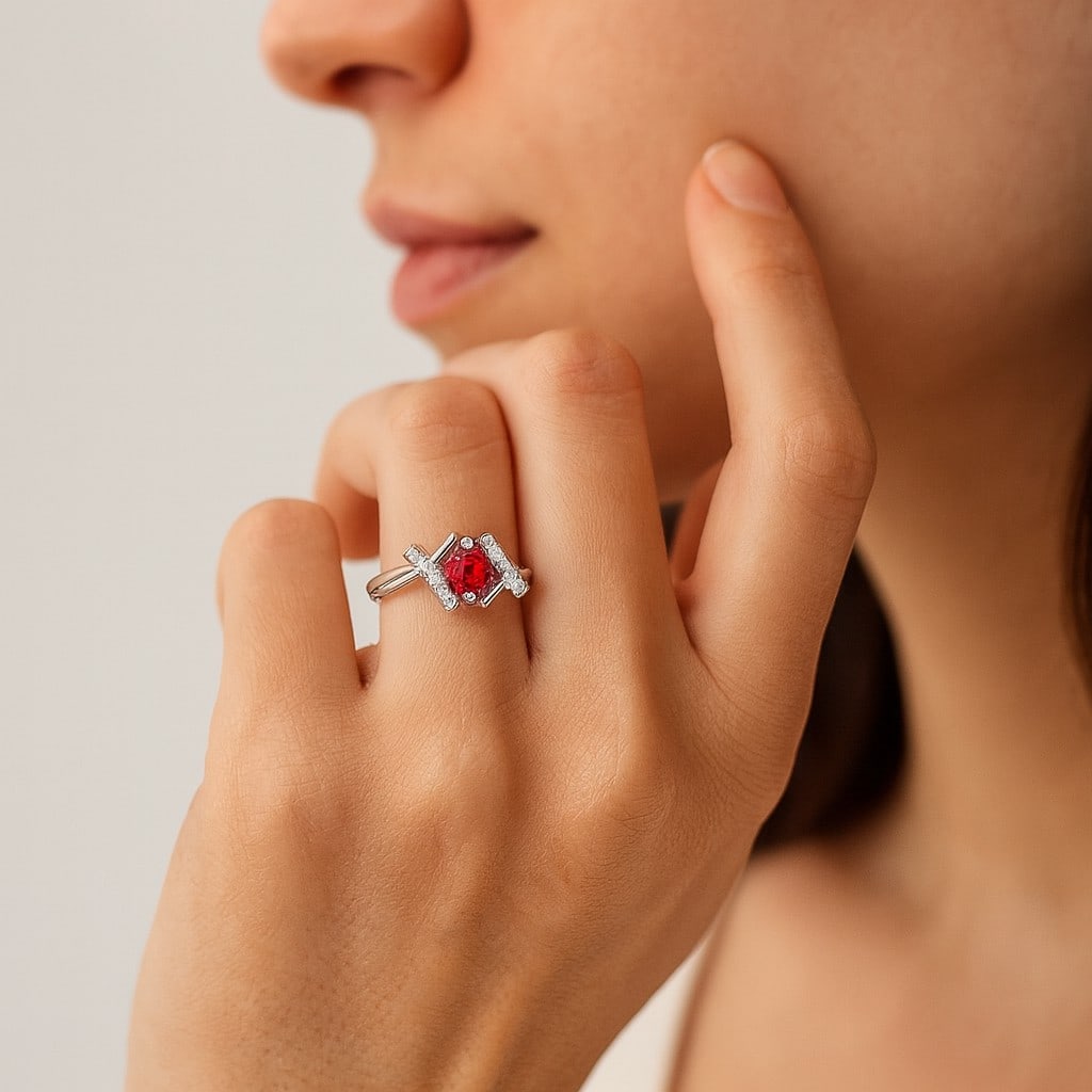 Natural Ruby Gemstone & Lab Grown Diamonds Silver Ring - 3