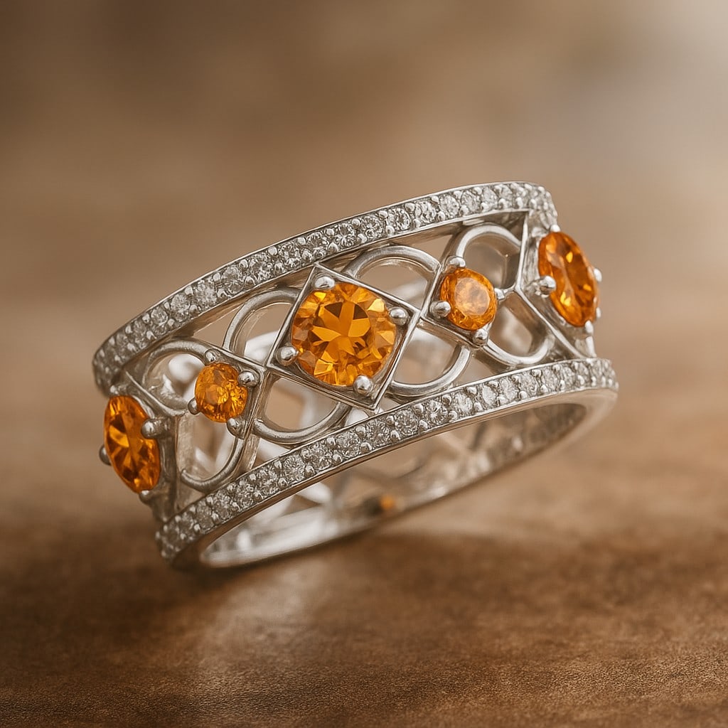 Natural Citrine Gemstone & Lab Grown Diamonds Silver Ring: Natural Citrine Gemstone & Lab Grown Diamonds Silver Ring Jewelry Type : Ring Gemstone : Natural Citrine Gemstone Shape : Round Gemstone Size : 4 MM, 2.5 MM Gemstone Quantity : 3 Pieces, 2 Pieces</