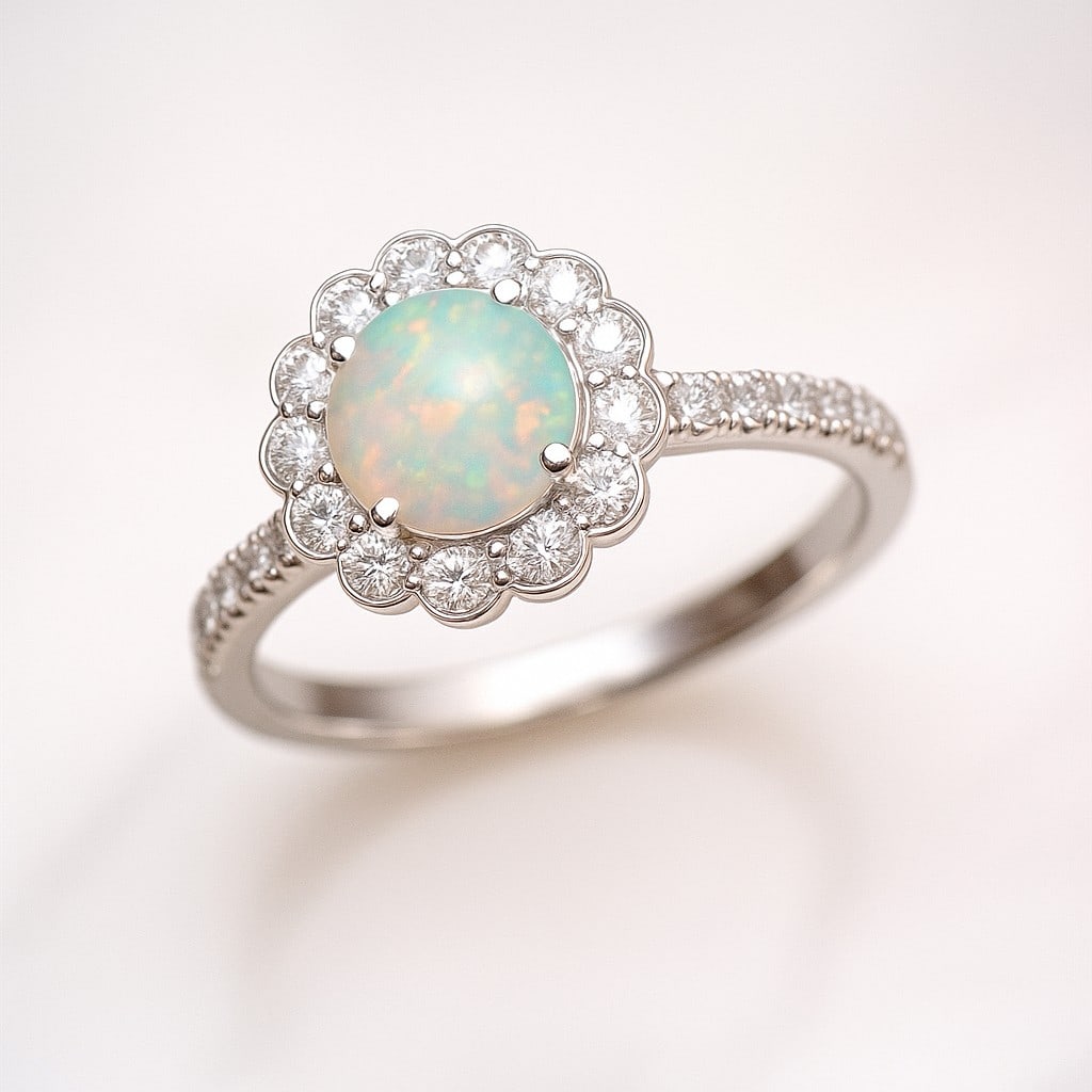 Natural Opal Gemstone & Lab Grown Diamonds Silver Ring: Natural Opal Gemstone & Lab Grown Diamonds Silver Ring Jewelry Type : Ring Gemstone : Natural Opal Gemstone Shape : Round Gemstone Size : 7 MM Gemstone Quantity : 1 Piece Diamond Type : L