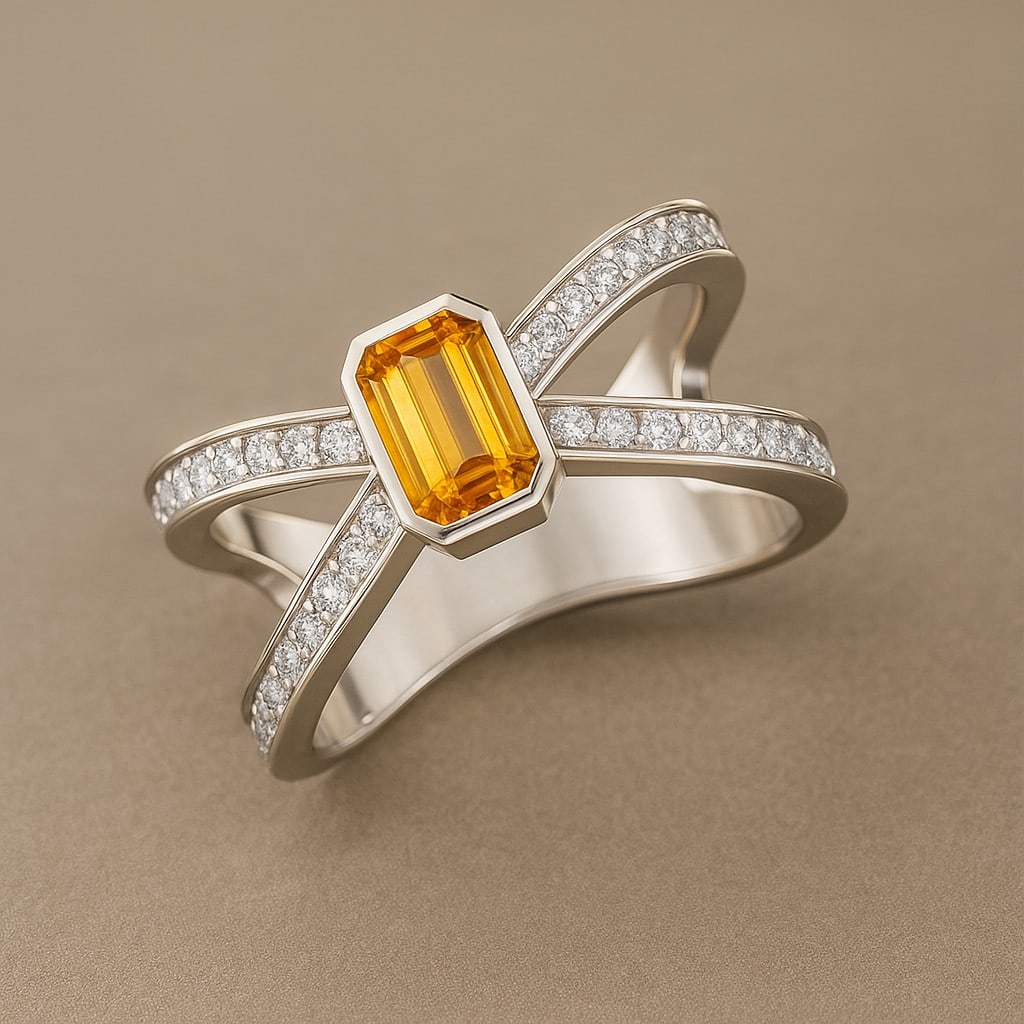 Natural Citrine Gemstone & Lab Grown Diamonds Silver Ring: Natural Citrine Gemstone & Lab Grown Diamonds Silver Ring Jewelry Type : Ring Gemstone : Natural Citrine Gemstone Shape : Emerald Gemstone Size : 6x4 MM Gemstone Quantity : 1 Piece Diamond T