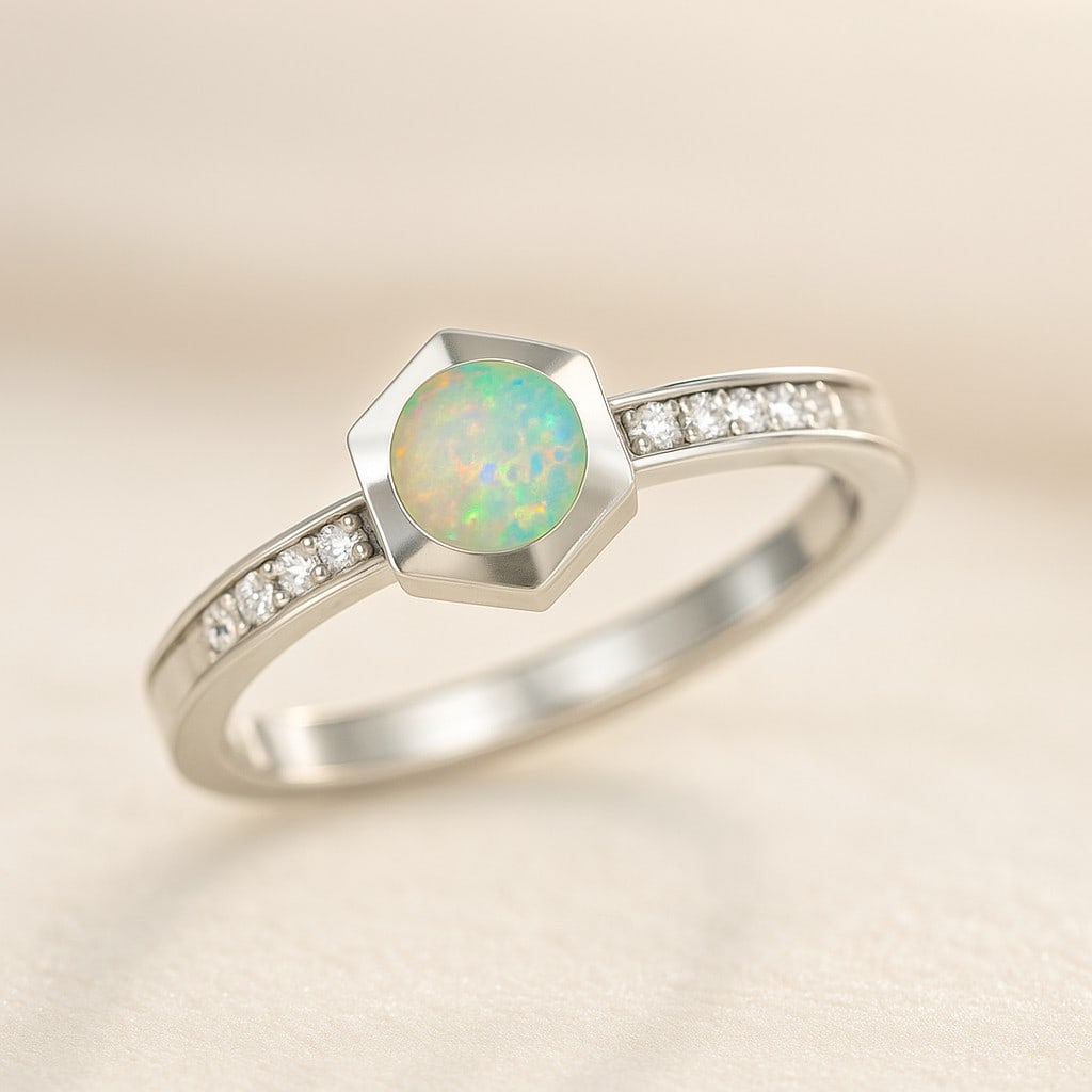 Natural Opal Gemstone & Lab Grown Diamonds Silver Ring: Natural Opal Gemstone & Lab Grown Diamonds Silver Ring Jewelry Type : Ring Gemstone : Natural Opal Gemstone Shape : Round Gemstone Size : 5 MM Gemstone Quantity : 1 Piece Diamond Type : L
