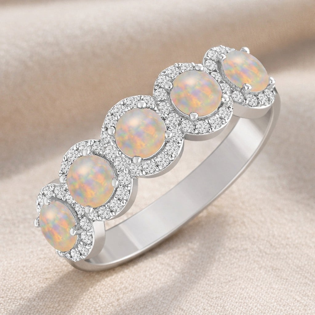 Natural Opal Gemstone & Lab Grown Diamonds Silver Ring: Natural Opal Gemstone & Lab Grown Diamonds Silver Ring Jewelry Type : Ring Gemstone : Natural Opal Gemstone Shape : Round Gemstone Size : 4 MM Gemstone Quantity : 5 Pieces Diamond Type :