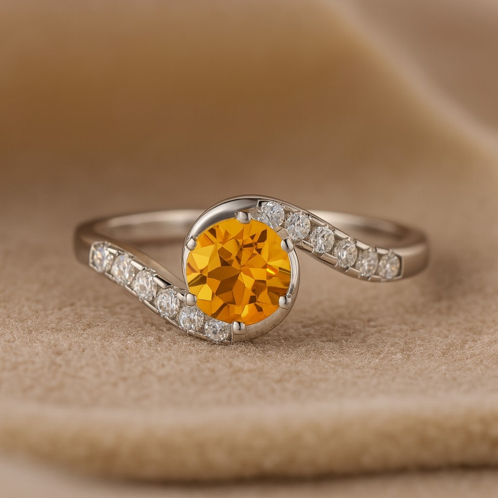 Natural Citrine Gemstone & Lab Grown Diamonds Silver Ring: Natural Citrine Gemstone & Lab Grown Diamonds Silver Ring Jewelry Type : Ring Gemstone : Natural Citrine Gemstone Shape : Round Gemstone Size : 6 MM Gemstone Quantity : 1 Piece Diamond Type