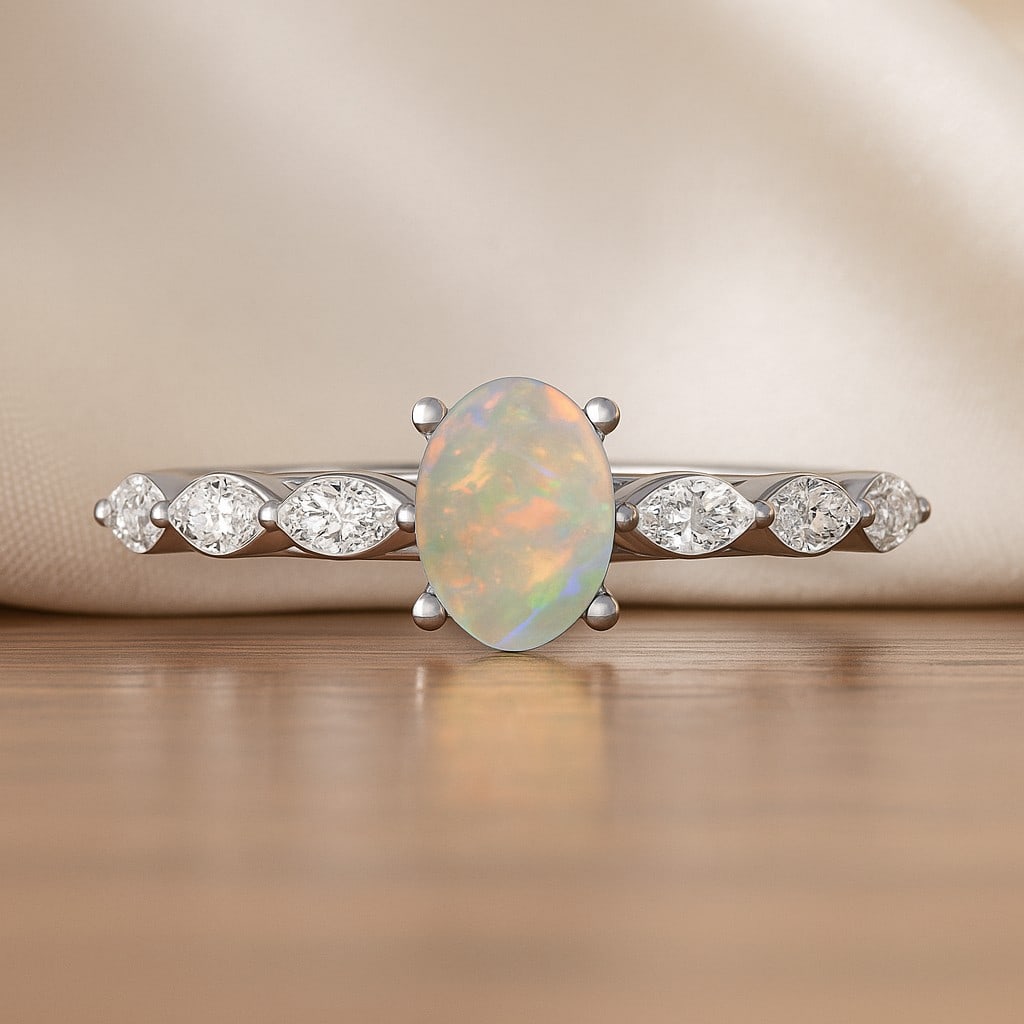 Natural Opal Gemstone & Lab Grown Diamonds Silver Ring: Natural Opal Gemstone & Lab Grown Diamonds Silver Ring Jewelry Type : Ring Gemstone : Natural Opal Gemstone Shape : Oval Gemstone Size : 7x5 MM Gemstone Quantity : 1 Piece Diamond Type :