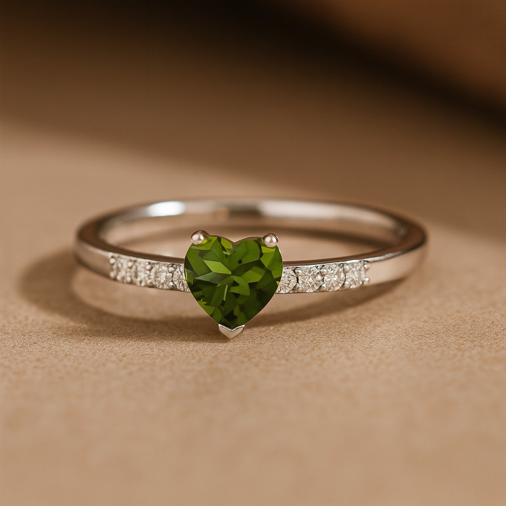 Natural Peridot Gemstone & Lab Grown Diamonds Silver Ring: Natural Peridot Gemstone & Lab Grown Diamonds Silver Ring Jewelry Type : Ring Gemstone : Natural Peridot Gemstone Shape : Heart Gemstone Size : 5 MM Gemstone Quantity : 1 Piece Diamond Type