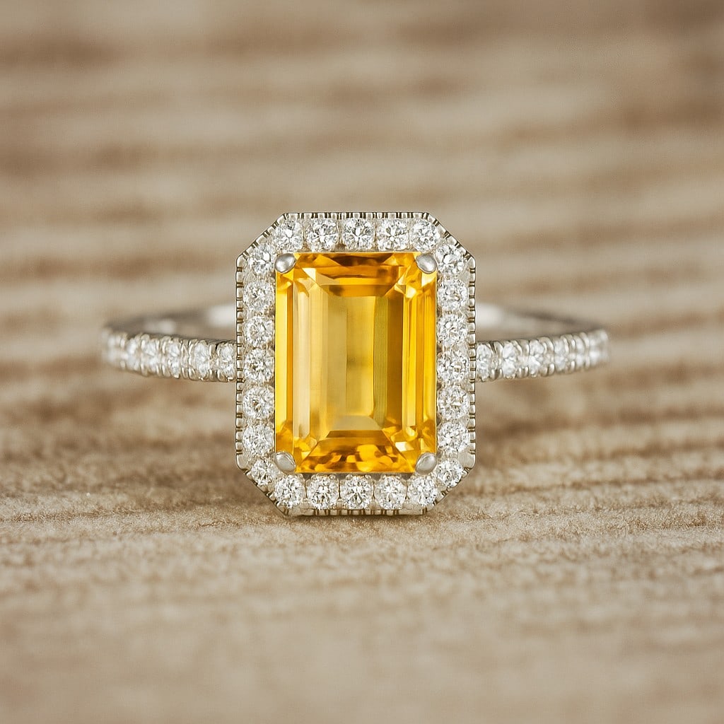 Natural Citrine Gemstone & Lab Grown Diamonds Silver Ring: Natural Citrine Gemstone & Lab Grown Diamonds Silver Ring Jewelry Type : Ring Gemstone : Natural Citrine Gemstone Shape : Emerald Gemstone Size : 8x6 MM Gemstone Quantity : 1 Piece Diamond T