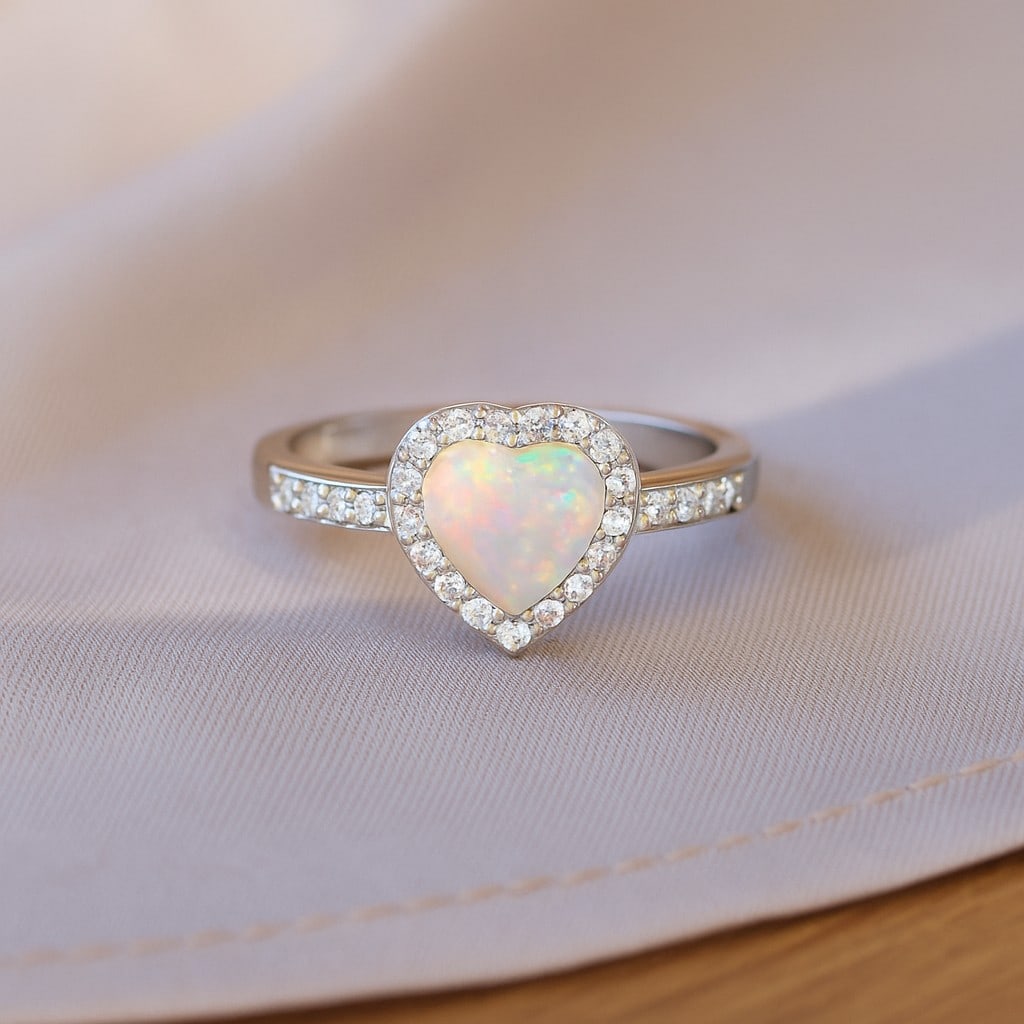Natural Opal Gemstone & Lab Grown Diamonds Silver Ring: Natural Opal Gemstone & Lab Grown Diamonds Silver Ring Jewelry Type : Ring Gemstone : Natural Opal Gemstone Shape : Heart Gemstone Size : 6 MM Gemstone Quantity : 1 Piece Diamond Type : L