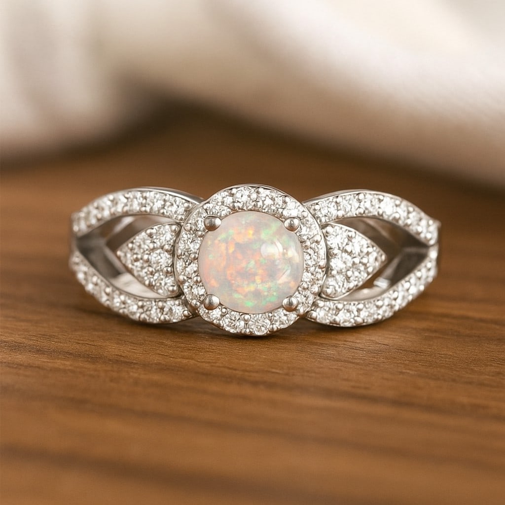 Natural Opal Gemstone & Lab Grown Diamonds Silver Ring: Natural Opal Gemstone & Lab Grown Diamonds Silver Ring Jewelry Type : Ring Gemstone : Natural Opal Gemstone Shape : Round Gemstone Size : 5MM Gemstone Quantity : 1 Piece Diamond Type : La