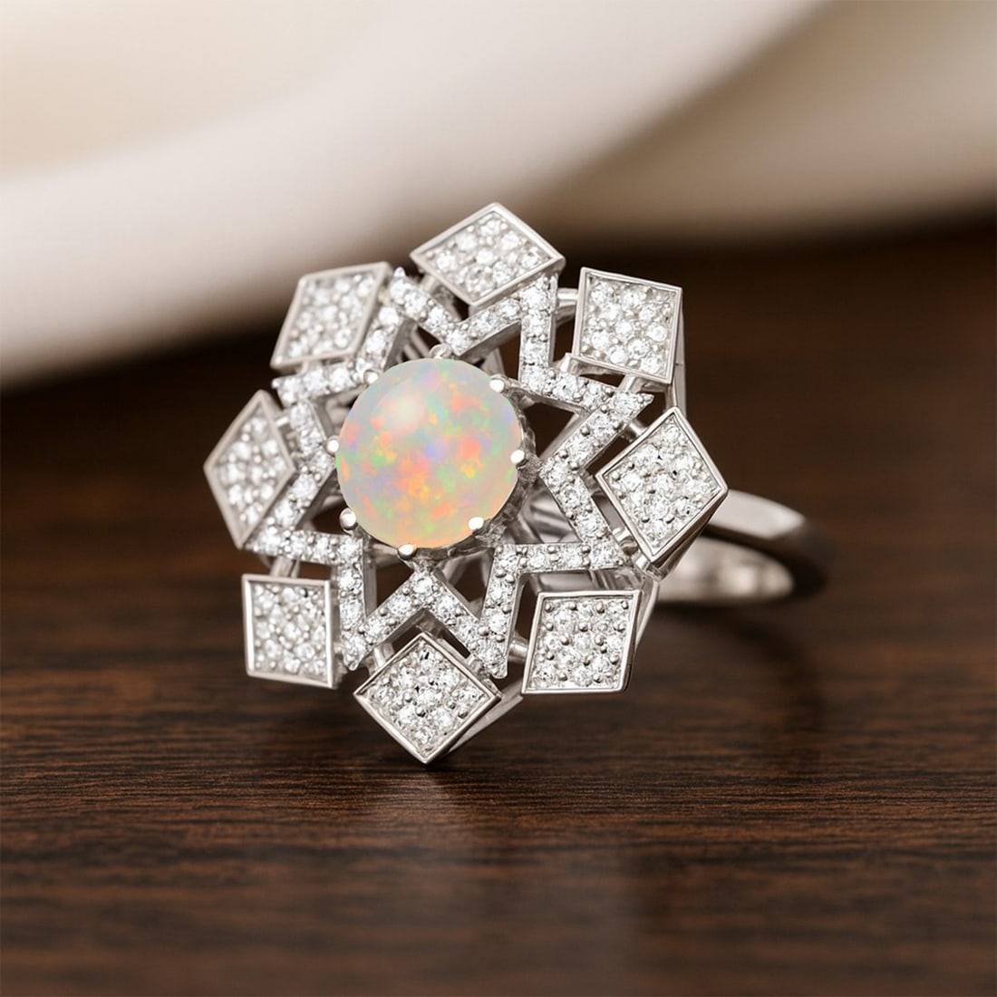 Natural Opal Gemstone & Lab Grown Diamonds Silver Ring: Natural Opal Gemstone & Lab Grown Diamonds Silver Ring Jewelry Type : Ring Gemstone : Natural Opal Gemstone Shape : Round Gemstone Size : 7 MM Gemstone Quantity : 1 Piece Diamond Type : L