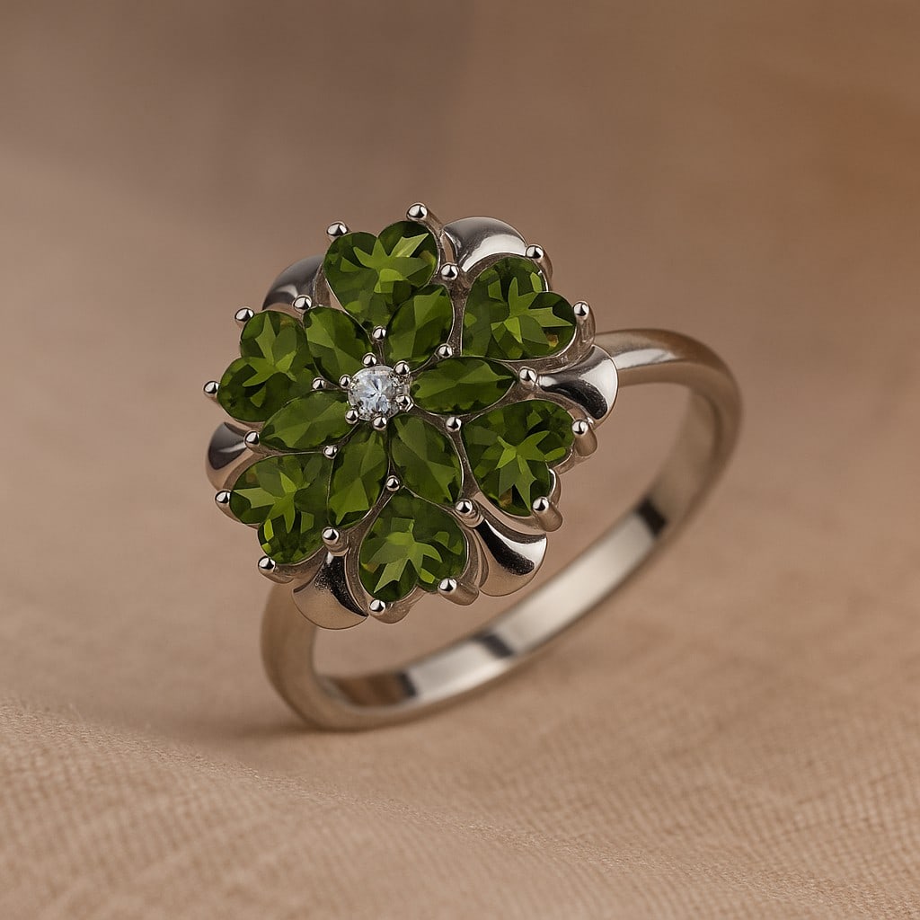 Natural Peridot Gemstone & Lab Grown Diamonds Silver Ring: Natural Peridot Gemstone & Lab Grown Diamonds Silver Ring Jewelry Type : Ring Gemstone : Natural Peridot Gemstone Shape : Heart, Marquise Gemstone Size : 4 MM, 4x2 MM Gemstone Quantity : 12 Pieces<