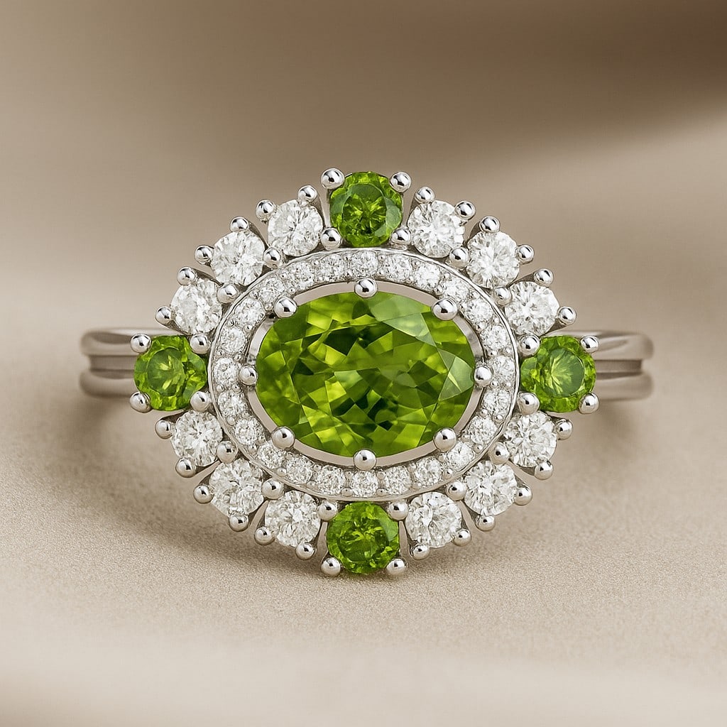 Natural Peridot Gemstone & Lab Grown Diamonds Silver Ring: Natural Peridot Gemstone & Lab Grown Diamonds Silver Ring Jewelry Type : Ring Gemstone : Natural Peridot Gemstone Shape : Oval, Round Gemstone Size : 8x6 MM, 2.5 MM Gemstone Quantity : 1 Piece, 4 P