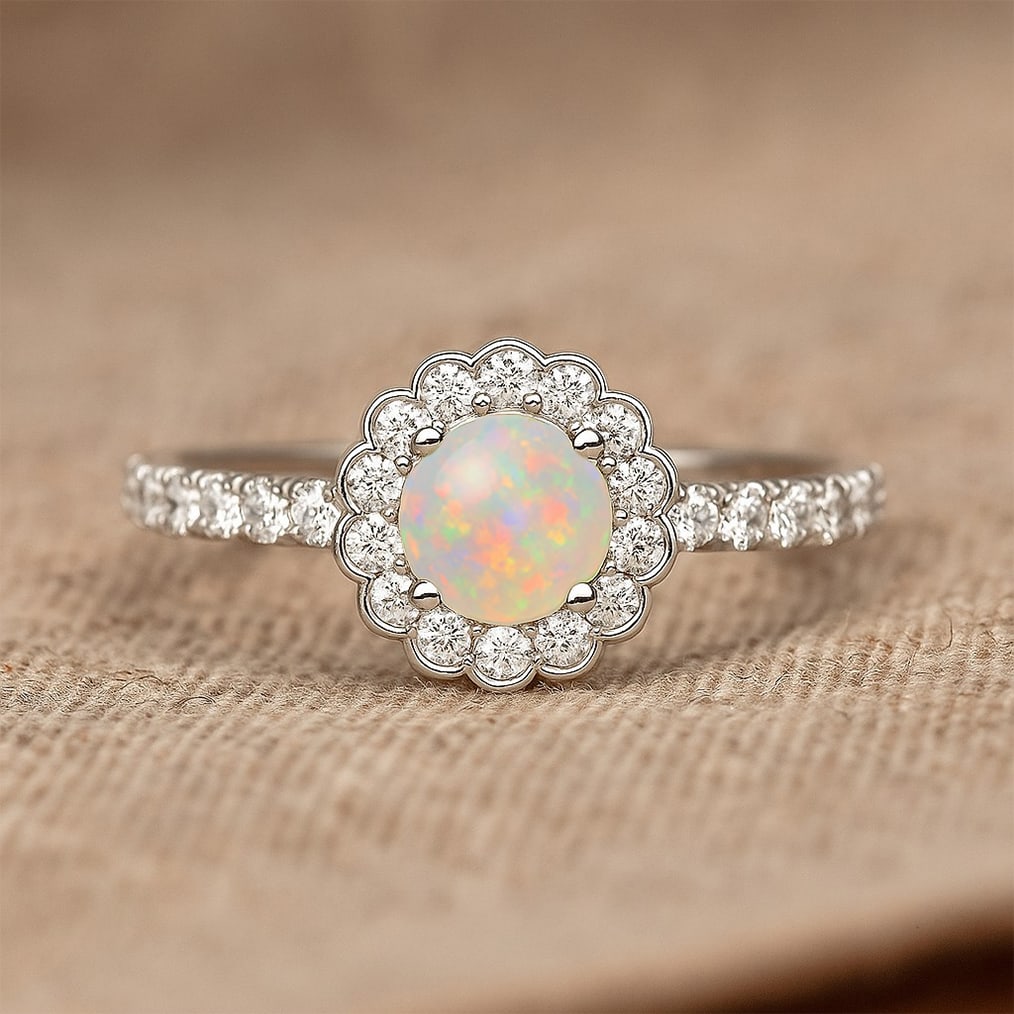 Natural Opal Gemstone & Lab Grown Diamonds Silver Ring: Natural Opal Gemstone & Lab Grown Diamonds Silver Ring Jewelry Type : Ring Gemstone : Natural Opal Gemstone Shape : Round Gemstone Size : 5x5 MM Gemstone Quantity : 1 Piece Diamond Type :
