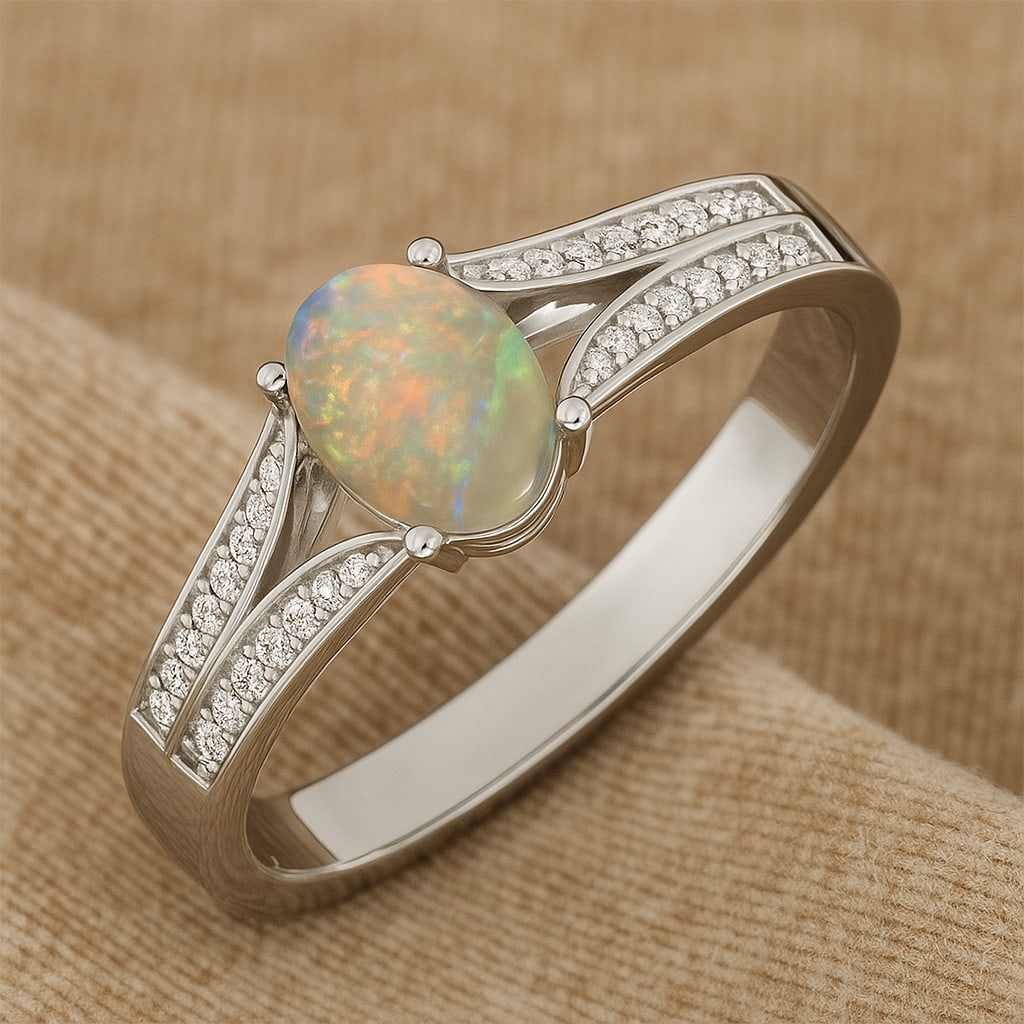 Natural Opal Gemstone & Lab Grown Diamonds Silver Ring: Natural Opal Gemstone & Lab Grown Diamonds Silver Ring Jewelry Type : Ring Gemstone : Natural Opal Gemstone Shape : Oval Gemstone Size : 7x5 MM Gemstone Quantity : 1 Piece Diamond Type :