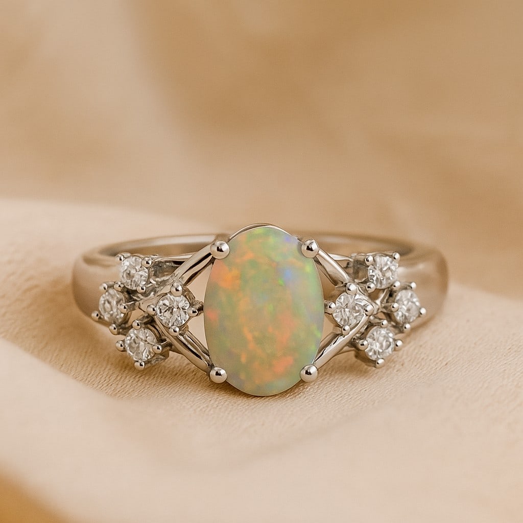 Natural Opal Gemstone & Lab Grown Diamonds Silver Ring: Natural Opal Gemstone & Lab Grown Diamonds Silver Ring Jewelry Type : Ring Gemstone : Natural Opal Gemstone Shape : Oval Gemstone Size : 8x6 MM Gemstone Quantity : 1 Piece Diamond Type :