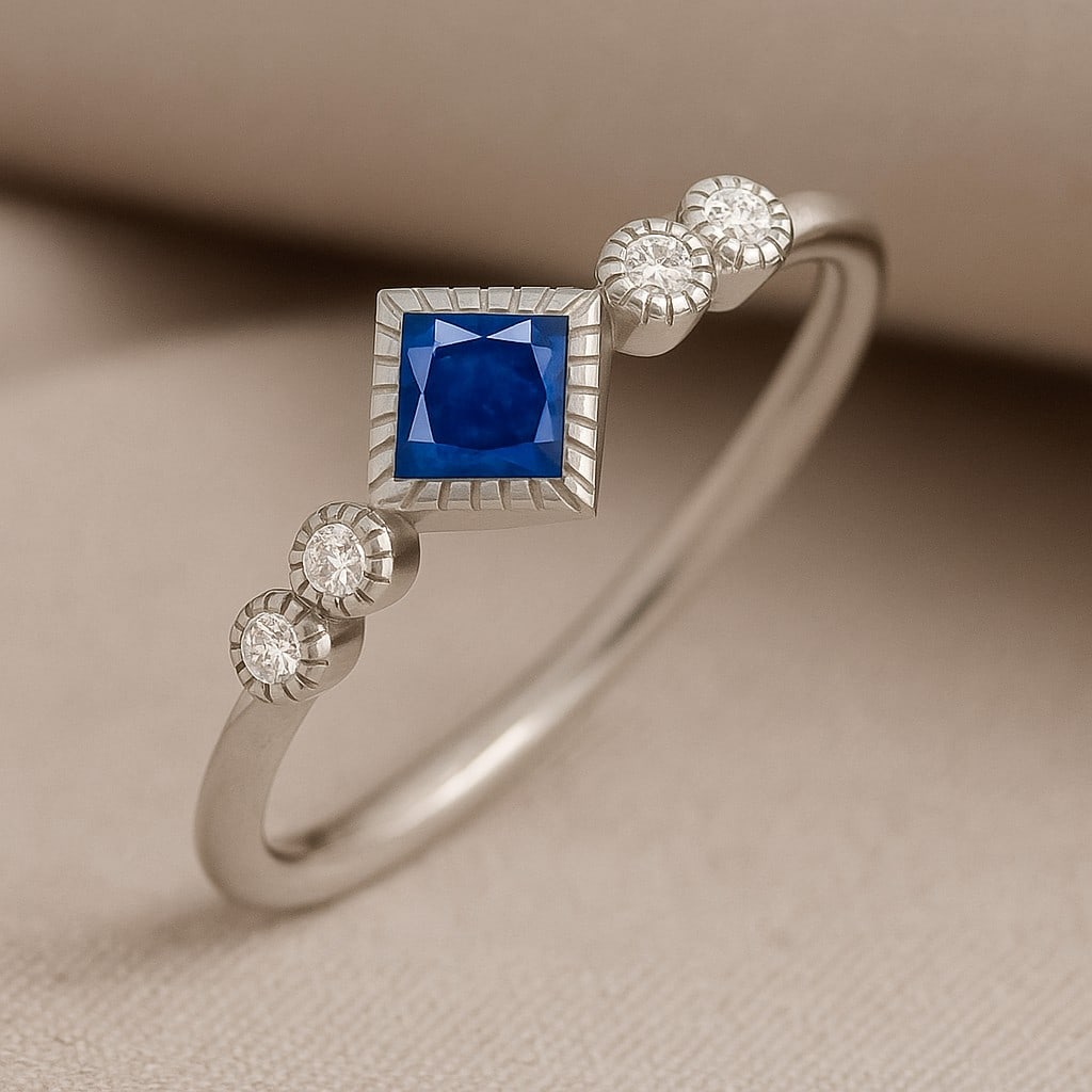 Natural Blue Sapphire Gemstone & Lab Grown Diamonds Silver Ring: Natural Blue Sapphire Gemstone & Lab Grown Diamonds Silver Ring Jewelry Type : Ring Gemstone : Natural Blue Sapphire Gemstone Shape : Princess Gemstone Size : 4 MM Gemstone Quantity : 1 Piece