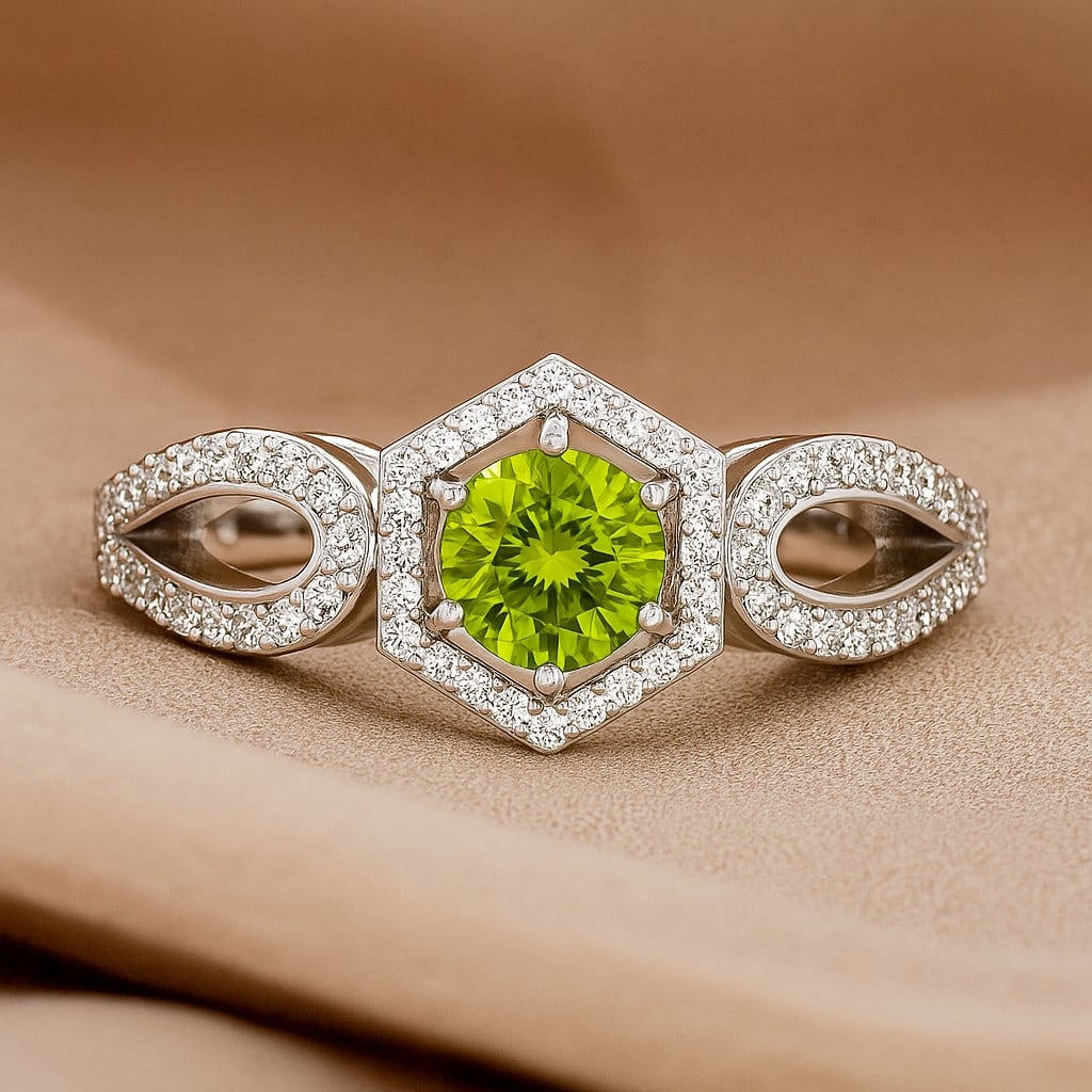 Natural Peridot Gemstone & Lab Grown Diamonds Silver Ring: Natural Peridot Gemstone & Lab Grown Diamonds Silver Ring Jewelry Type : Ring Gemstone : Natural Peridot Gemstone Shape : Round Gemstone Size : 5 MM Gemstone Quantity : 1 Piece Diamond Type