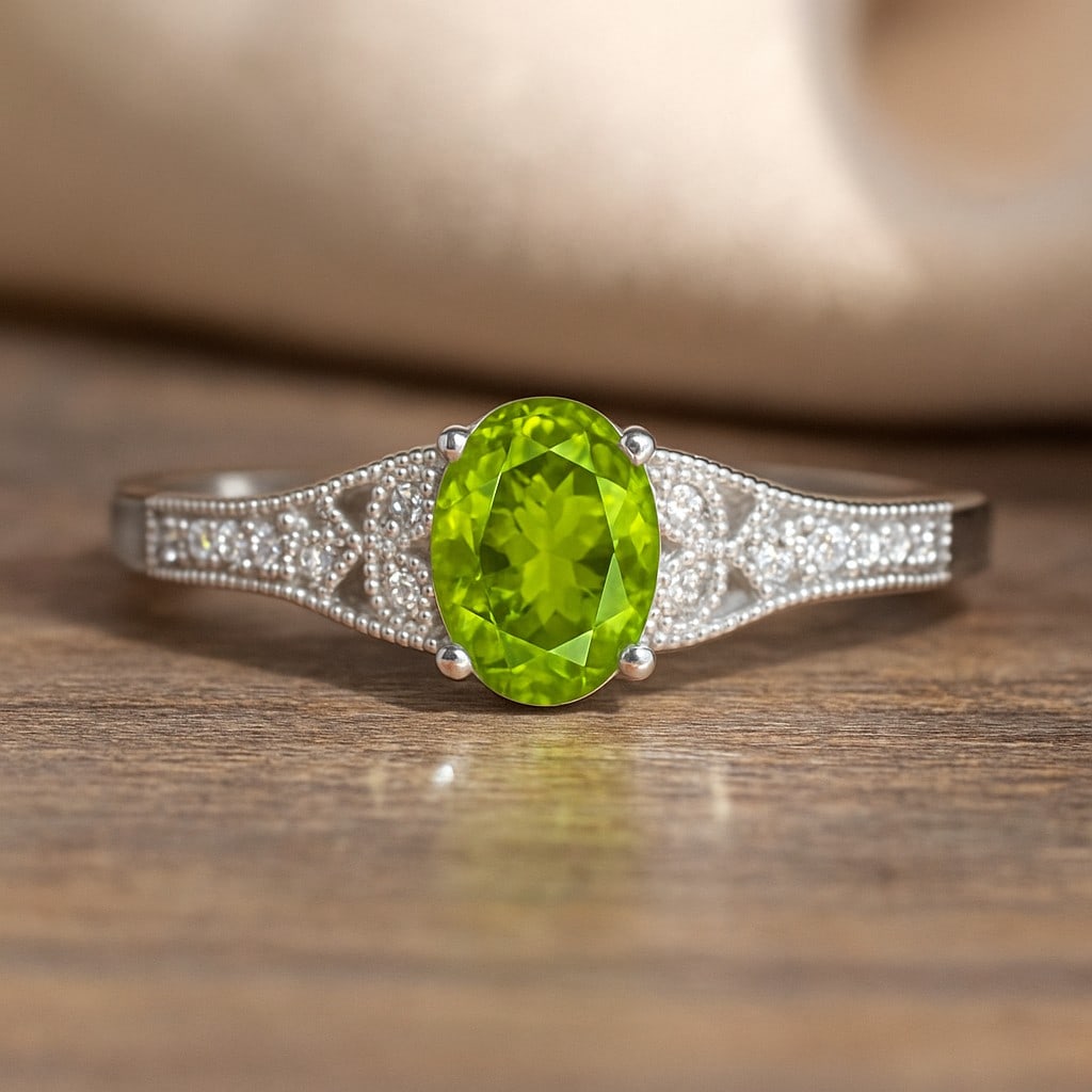 Natural Peridot Gemstone & Lab Grown Diamonds Silver Ring: Natural Peridot Gemstone & Lab Grown Diamonds Silver Ring Jewelry Type : Ring Gemstone : Natural Peridot Gemstone Shape : Oval Gemstone Size : 7x5 MM Gemstone Quantity : 1 Piece Diamond Type