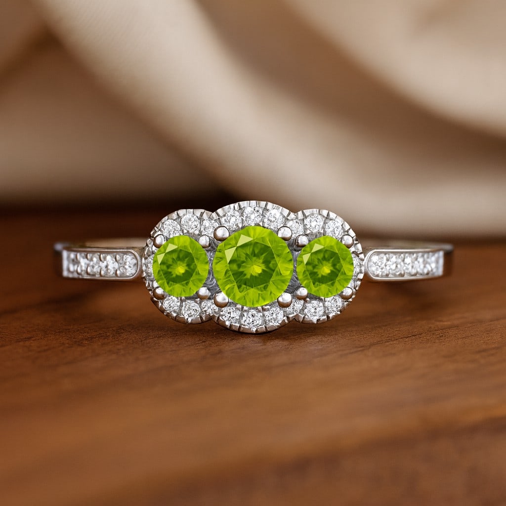 Natural Peridot Gemstone & Lab Grown Diamonds Silver Ring: Natural Peridot Gemstone & Lab Grown Diamonds Silver Ring Jewelry Type : Ring Gemstone : Natural Peridot Gemstone Shape : Round Gemstone Size : 4 MM, 3MM Gemstone Quantity : 1 Piece, 2 Pieces