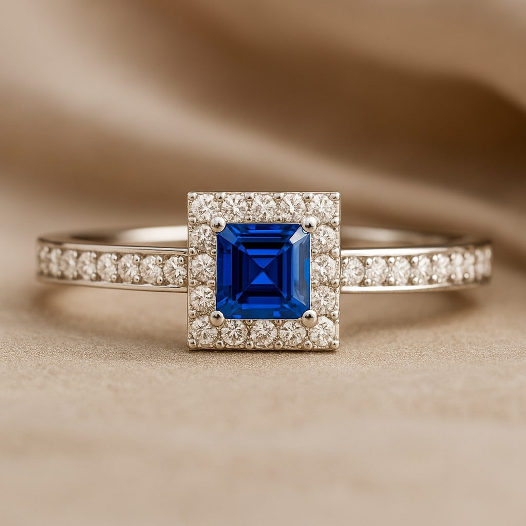 Natural Blue Sapphire Gemstone & Lab Grown Diamonds Silver Ring: Natural Blue Sapphire Gemstone & Lab Grown Diamonds Silver Ring Jewelry Type : Ring Gemstone : Natural Blue Sapphire Gemstone Shape : Princess Gemstone Size : 4 MM Gemstone Quantity : 1 Piece