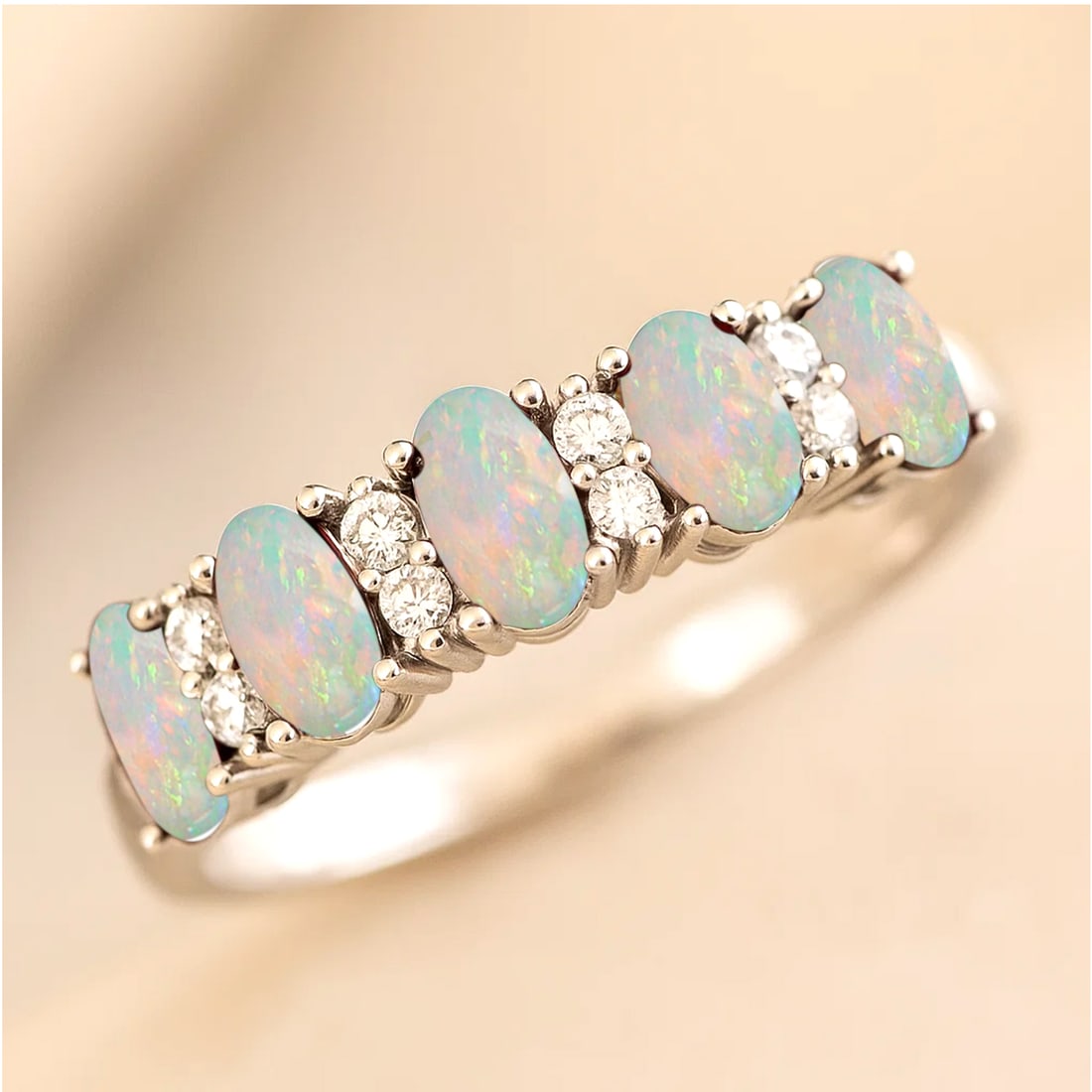 Natural Opal Gemstone & Lab Grown Diamonds Silver Ring (1 of 7)