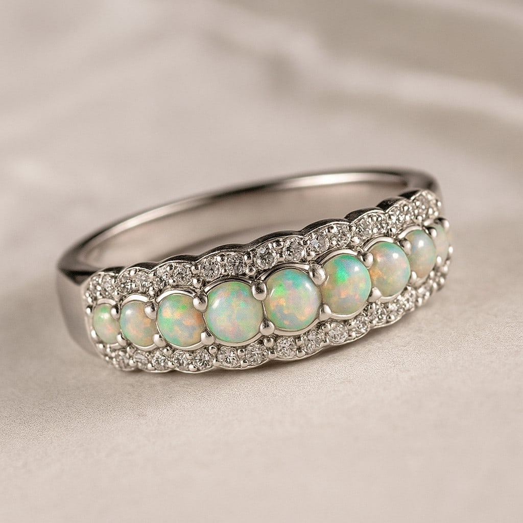 Natural Opal Gemstone & Lab Grown Diamonds Silver Ring: Natural Opal Gemstone & Lab Grown Diamonds Silver Ring Jewelry Type : Ring Gemstone : Natural Opal Gemstone Shape : Round Gemstone Size : 3 MM, 2.8 MM, 2.5 MM, 2.2 MM, 2 MM Gemstone Quantity : 2 pi