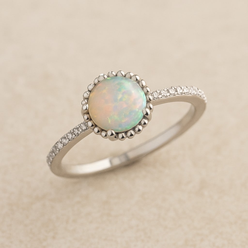 Natural Opal Gemstone & Lab Grown Diamonds Silver Ring: Natural Opal Gemstone & Lab Grown Diamonds Silver Ring Jewelry Type : Ring Gemstone : Natural Opal Gemstone Shape : Round Gemstone Size : 7 MM Gemstone Quantity : 1 Piece Diamond Type : L