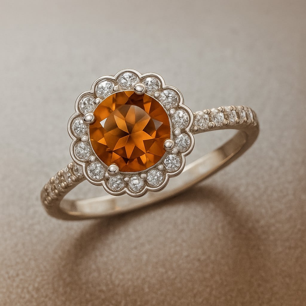 Natural Citrine Gemstone & Lab Grown Diamonds Silver Ring: Natural Citrine Gemstone & Lab Grown Diamonds Silver Ring Jewelry Type : Ring Gemstone : Natural Citrine Gemstone Shape : Round Gemstone Size : 7 MM Gemstone Quantity : 1 Piece Diamond Type