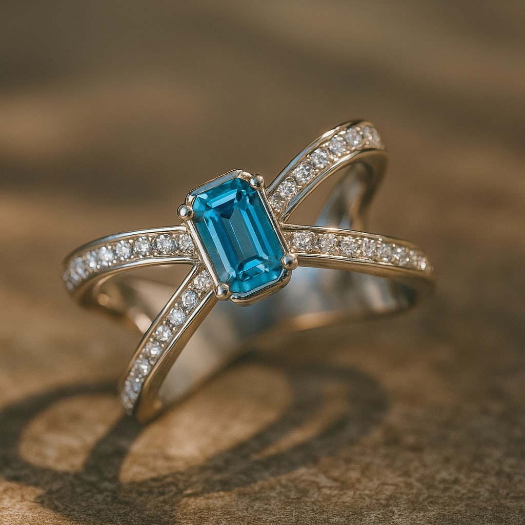 Natural Swiss Blue Topaz Gemstone & Lab Grown Diamonds Silver Ring: Natural Swiss Blue Topaz Gemstone & Lab Grown Diamonds Silver Ring Jewelry Type : Ring Gemstone : Natural Swiss Blue Topaz Gemstone Shape : Emerald Gemstone Size : 6x4 MM Gemstone Quantity : 1 Piec
