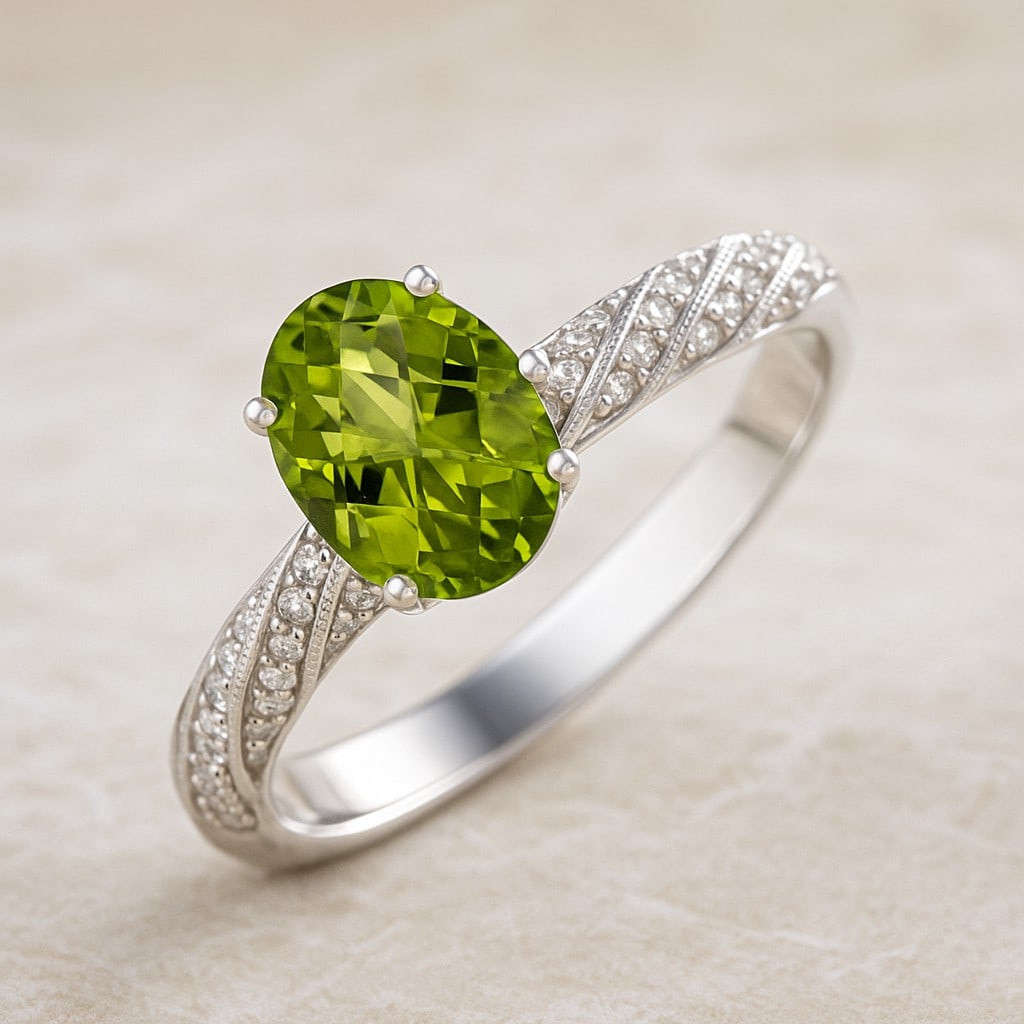 Natural Peridot Gemstone & Lab Grown Diamonds Silver Ring: Natural Peridot Gemstone & Lab Grown Diamonds Silver Ring Jewelry Type : Ring Gemstone : Natural Peridot Gemstone Shape : Oval Gemstone Size : 8x6 MM Gemstone Quantity : 1 Piece Diamond Type