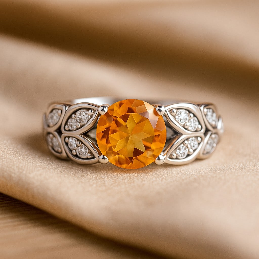 Natural Citrine Gemstone & Lab Grown Diamonds Silver Ring: Natural Citrine Gemstone & Lab Grown Diamonds Silver Ring Jewelry Type : Ring Gemstone : Natural Citrine Gemstone Shape : Round Gemstone Size : 7 MM Gemstone Quantity : 1 Piece Diamond Type